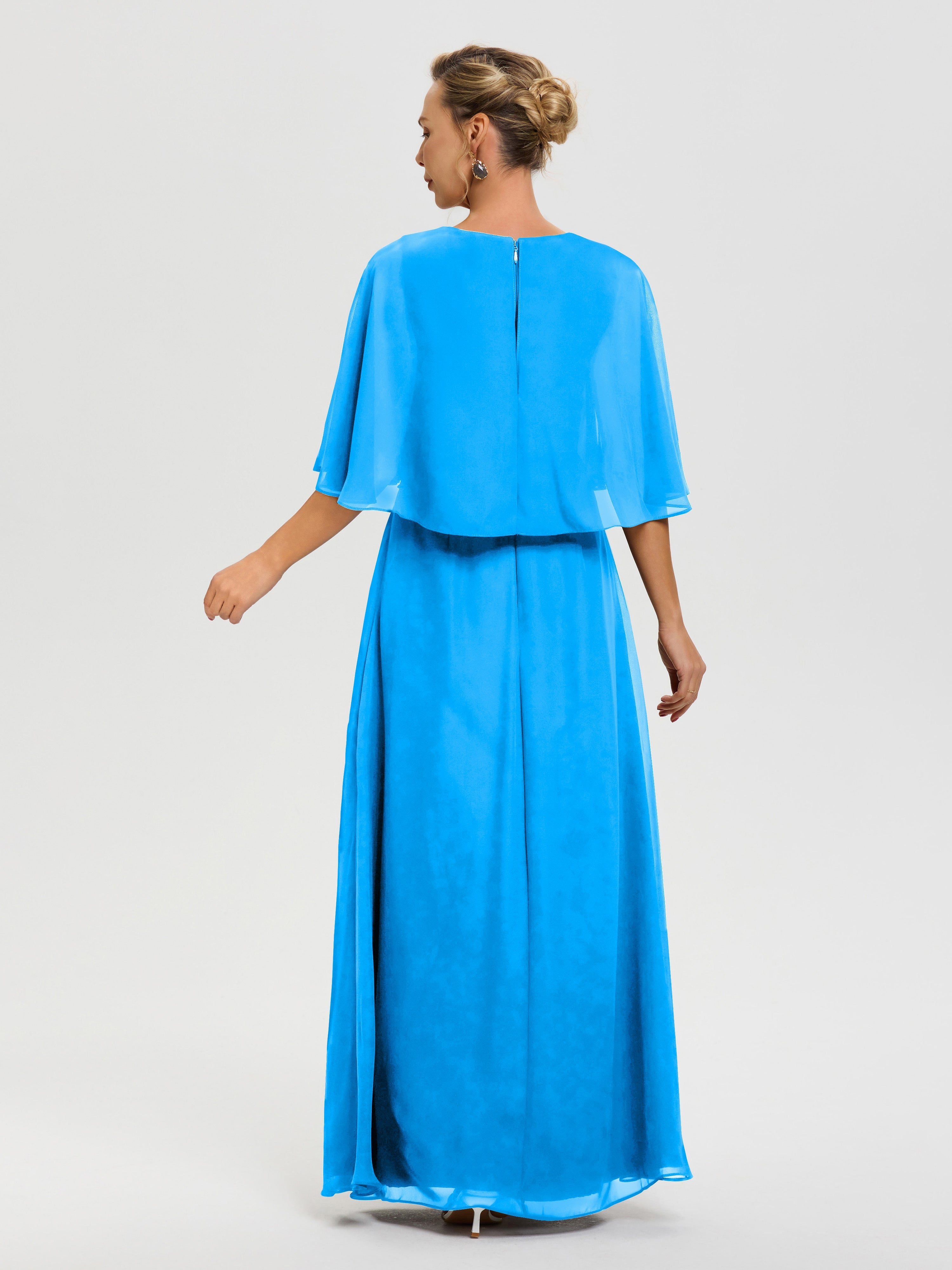 Robe Pour La Mère De La Mariée Bleu Océan Col V Mousseline Demi Manches Robe De Mère Du Marié