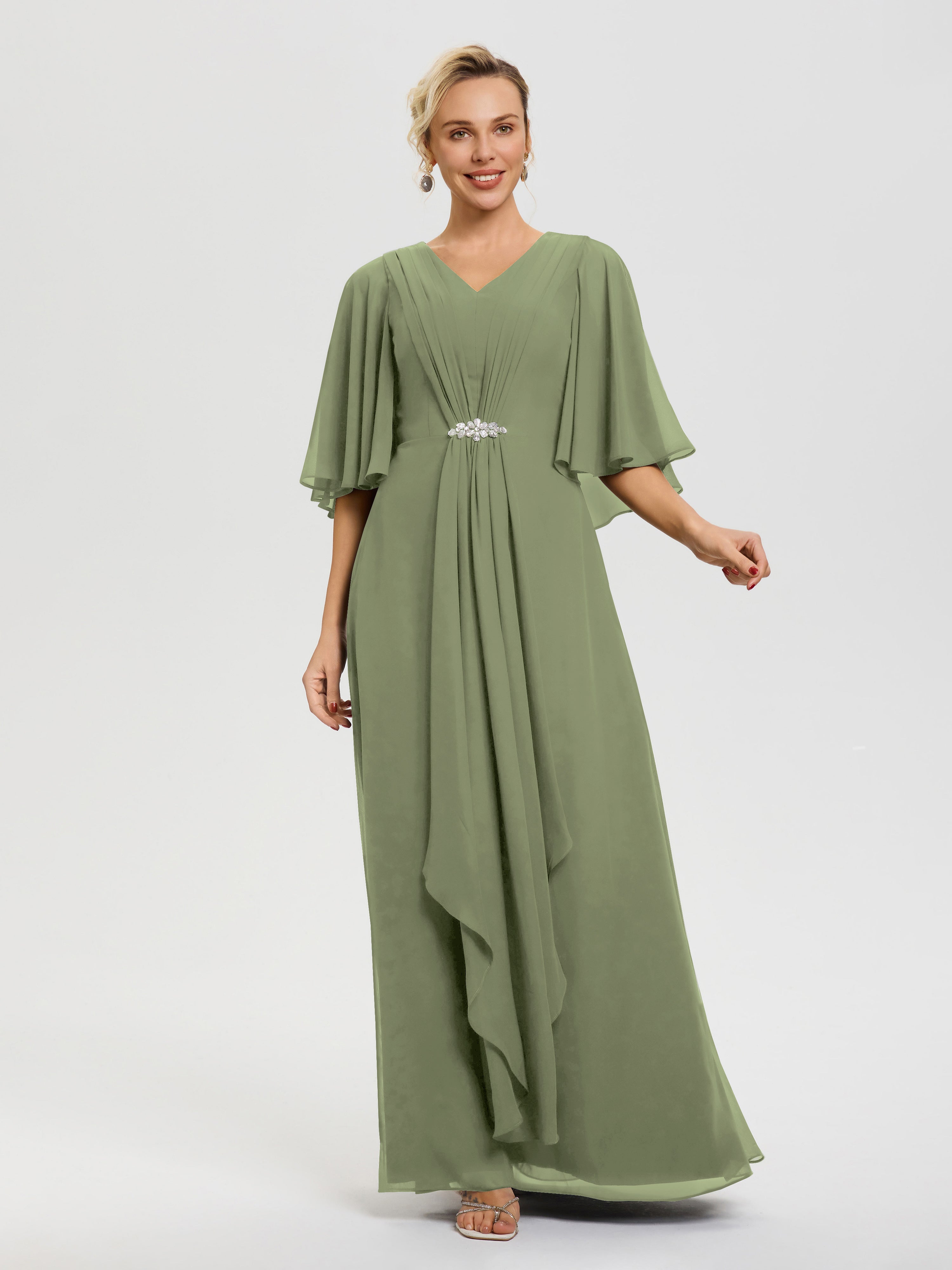 Robe Mère Mariee Vert Olive Col V Mousseline Demi Manches Robe De Mère Du Marié