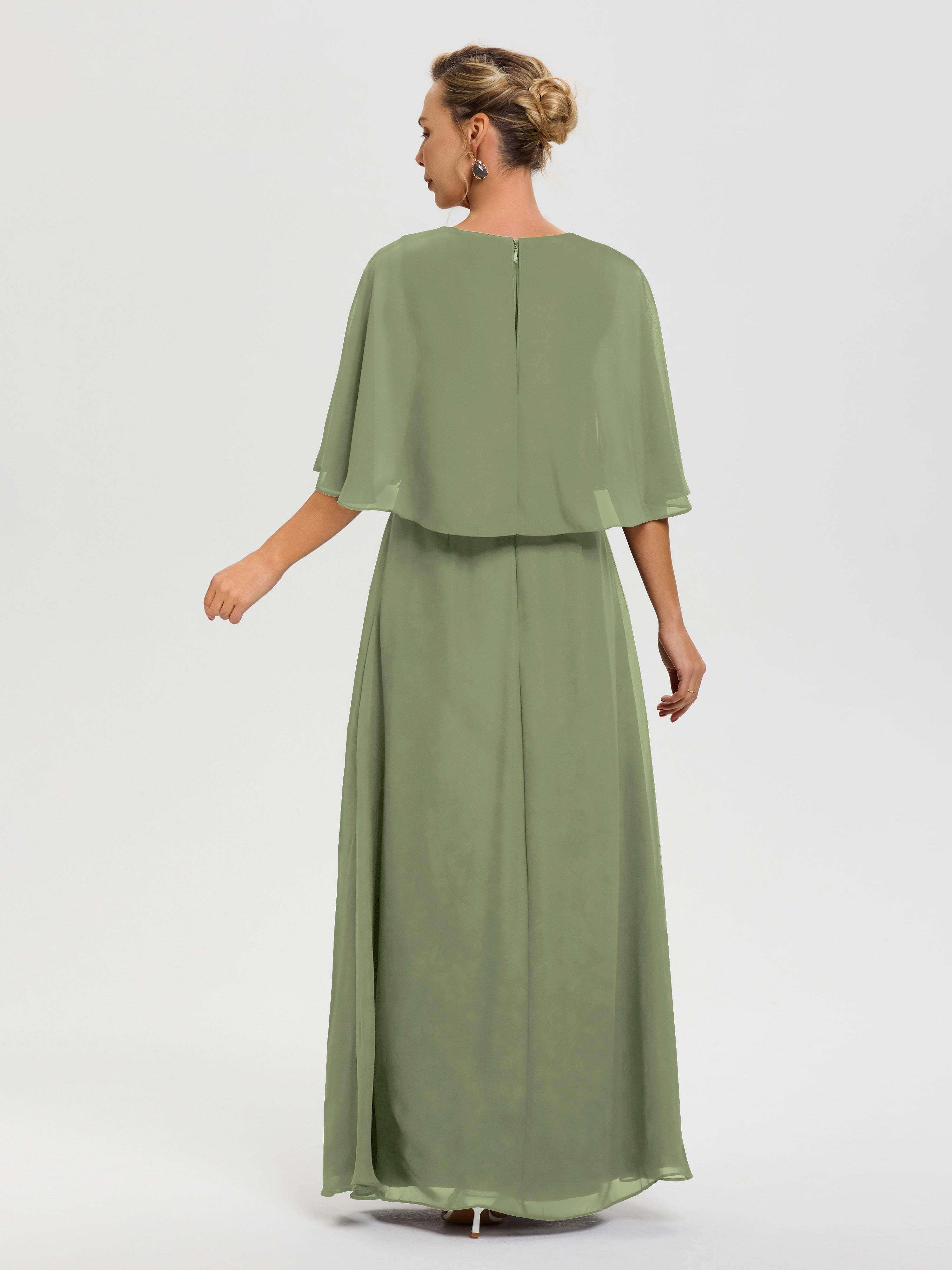 Robe Mère Mariee Vert Olive Col V Mousseline Demi Manches Robe De Mère Du Marié