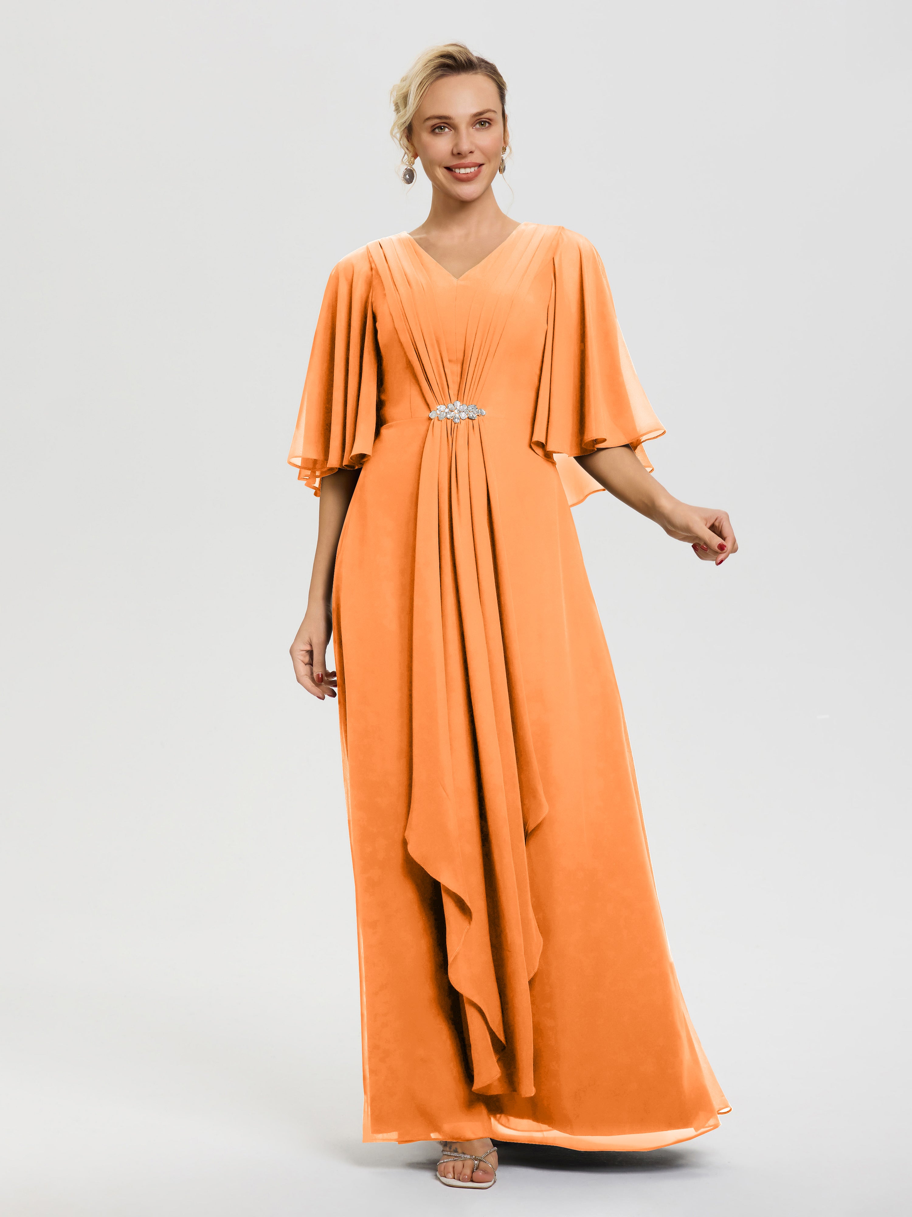 Robe Mariage Mère De La Mariée Orange Col V Mousseline Demi Manches Robe De Mère Du Marié