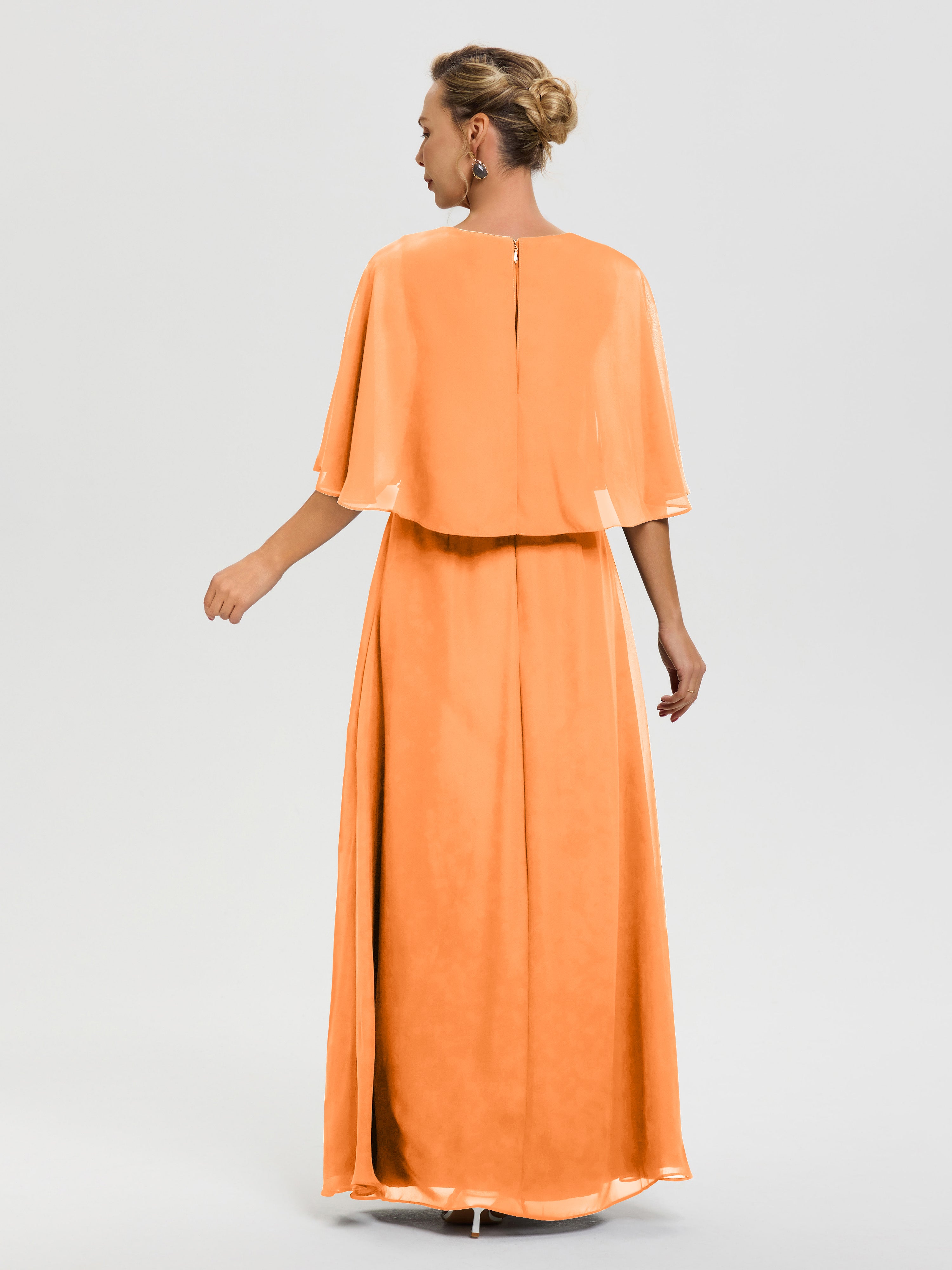 Robe Mariage Mère De La Mariée Orange Col V Mousseline Demi Manches Robe De Mère Du Marié