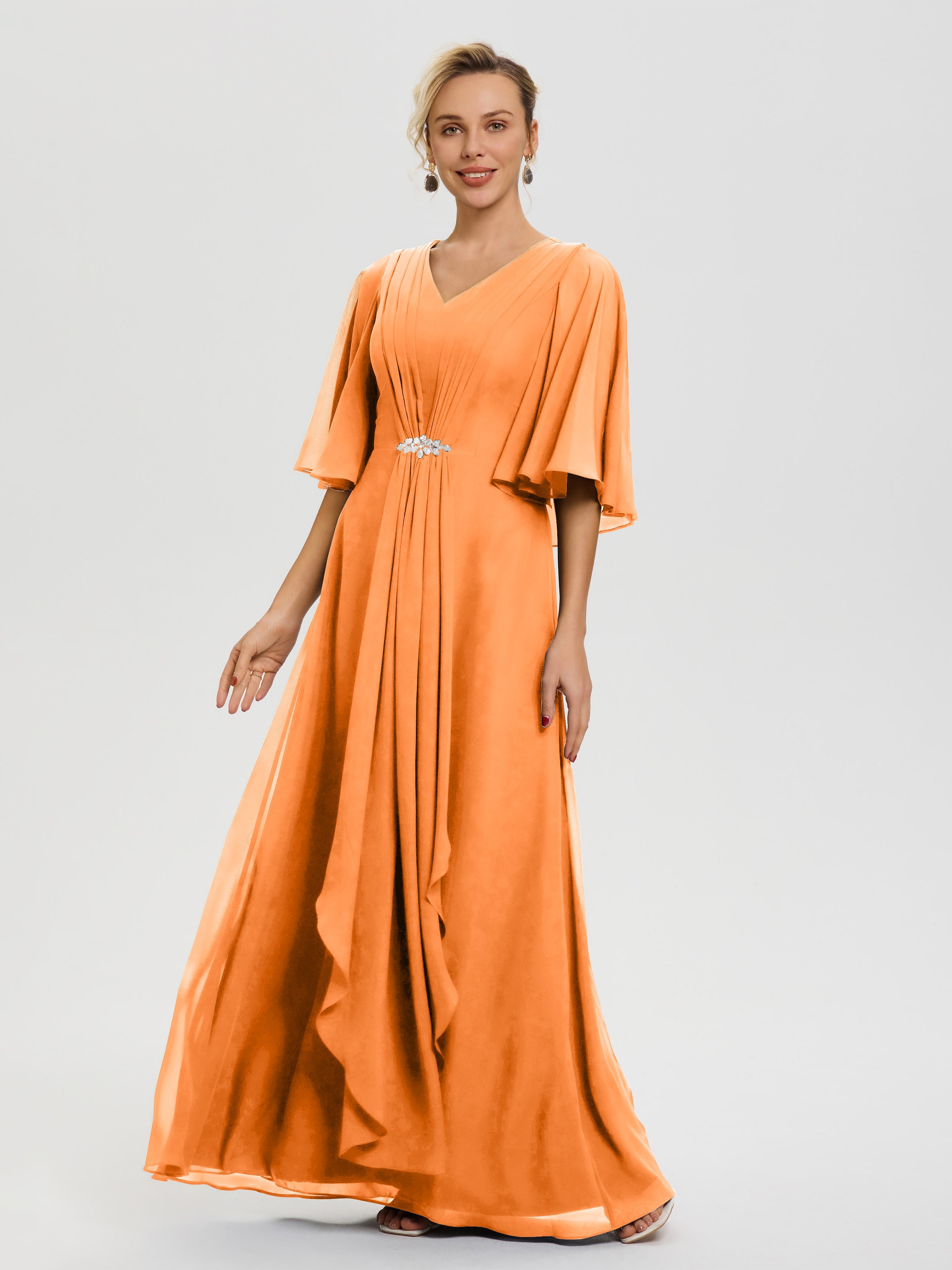 Robe Mariage Mère De La Mariée Orange Col V Mousseline Demi Manches Robe De Mère Du Marié