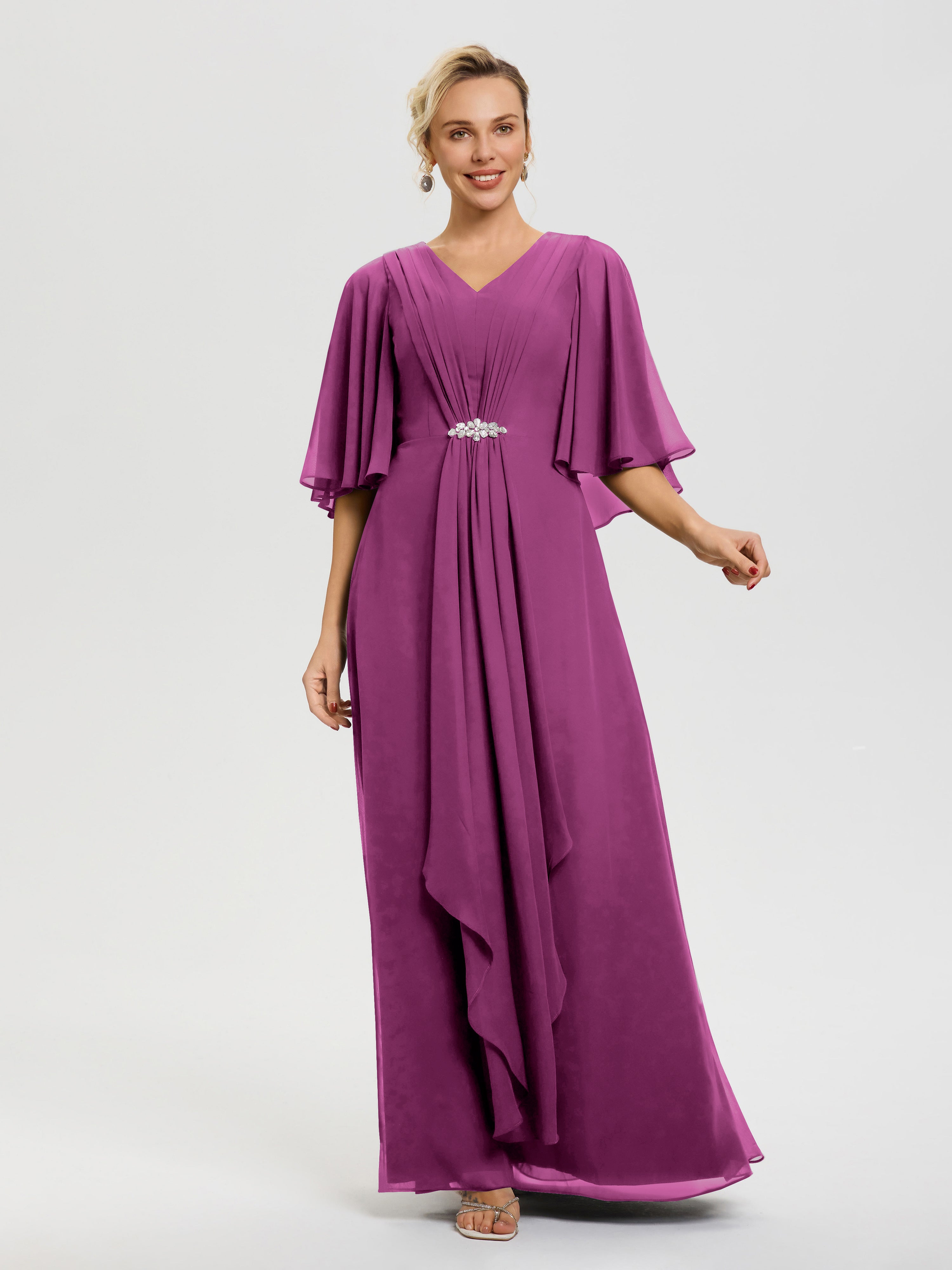 Robe Mariage Mère De La Mariée Orchidée Col V Mousseline Demi Manches Robe De Mère Du Marié