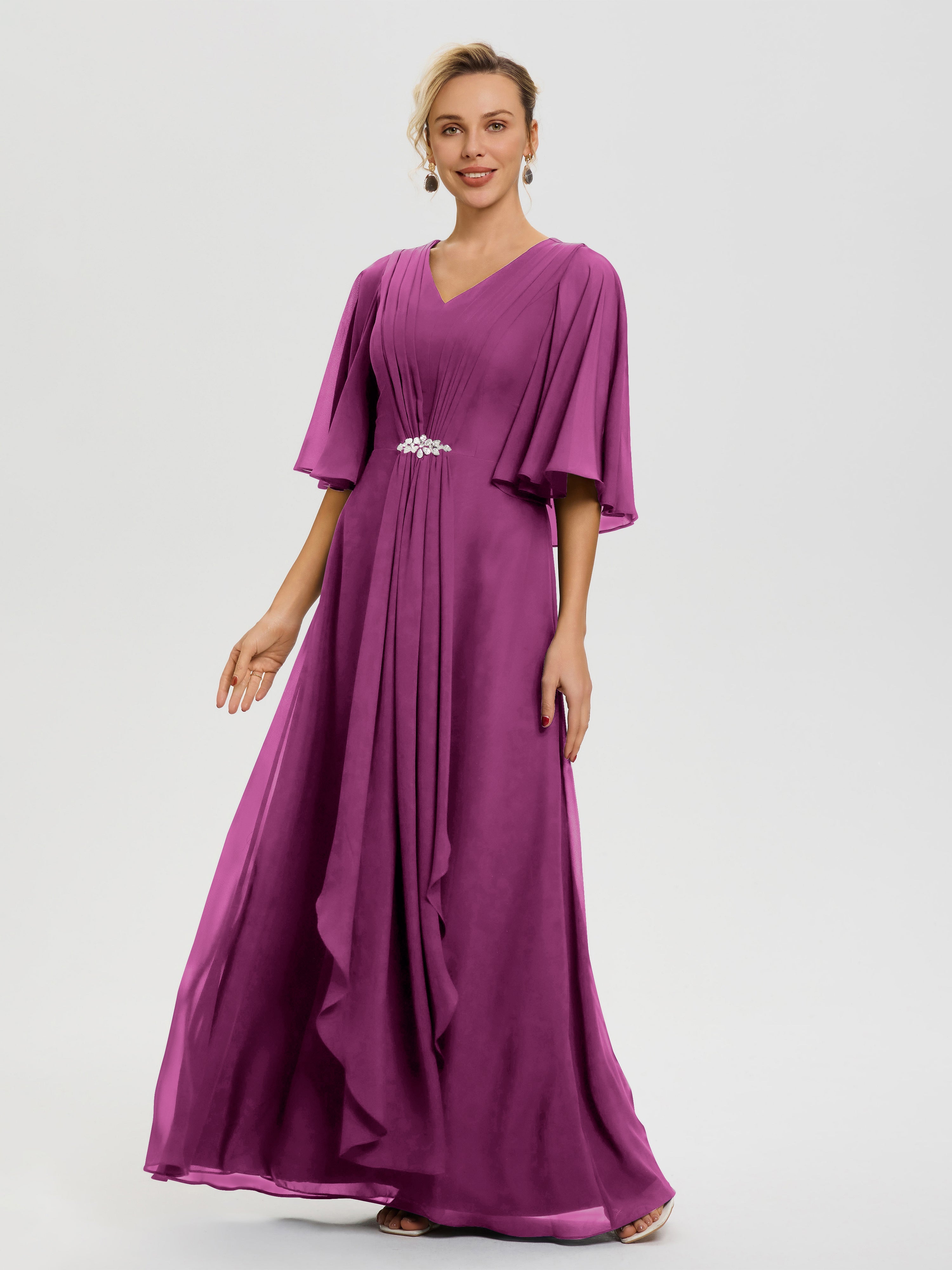 Robe Mariage Mère De La Mariée Orchidée Col V Mousseline Demi Manches Robe De Mère Du Marié