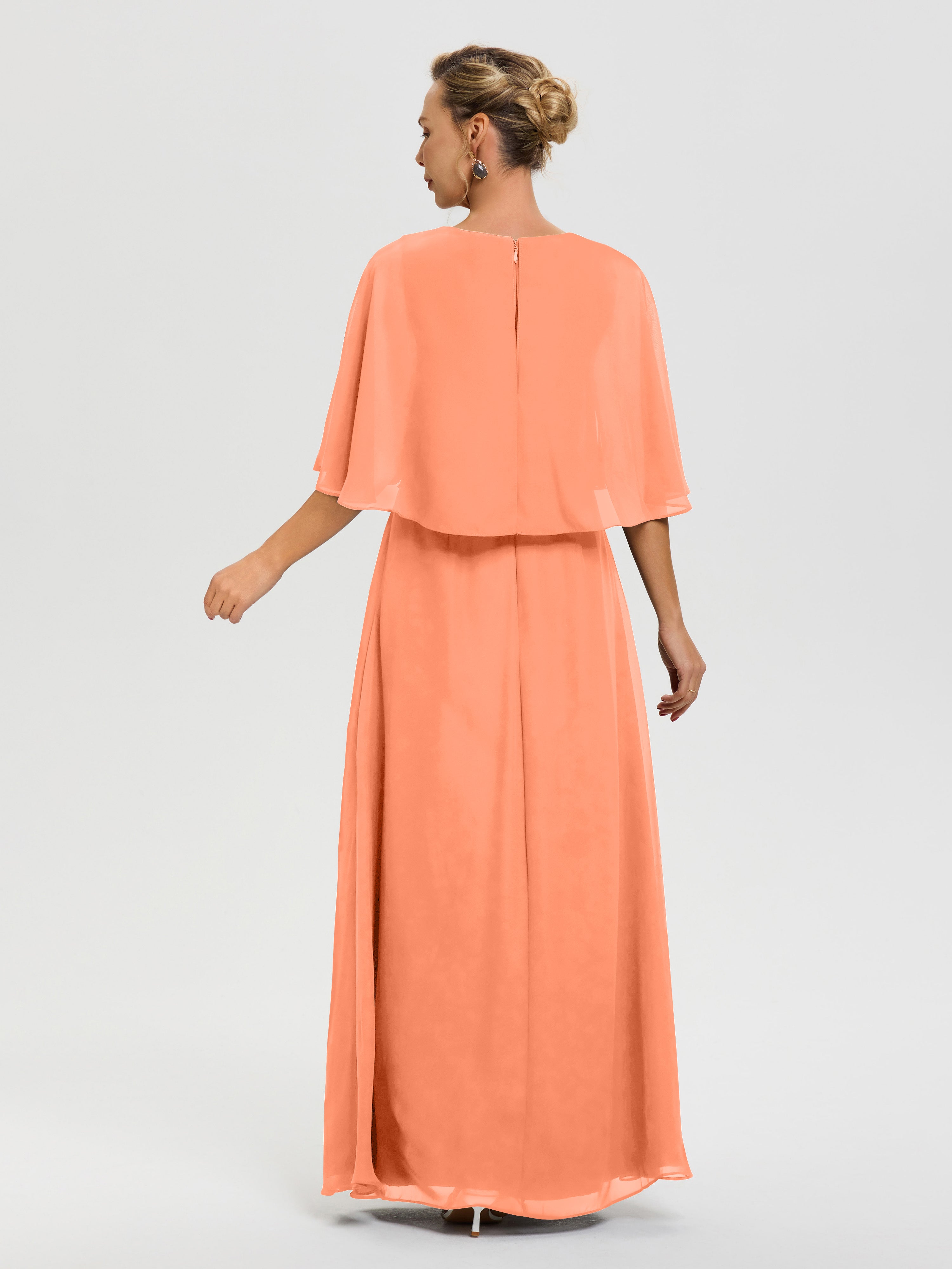 Robe Mariage Mère De La Mariée Papaye Col V Mousseline Demi Manches Robe De Mère Du Marié