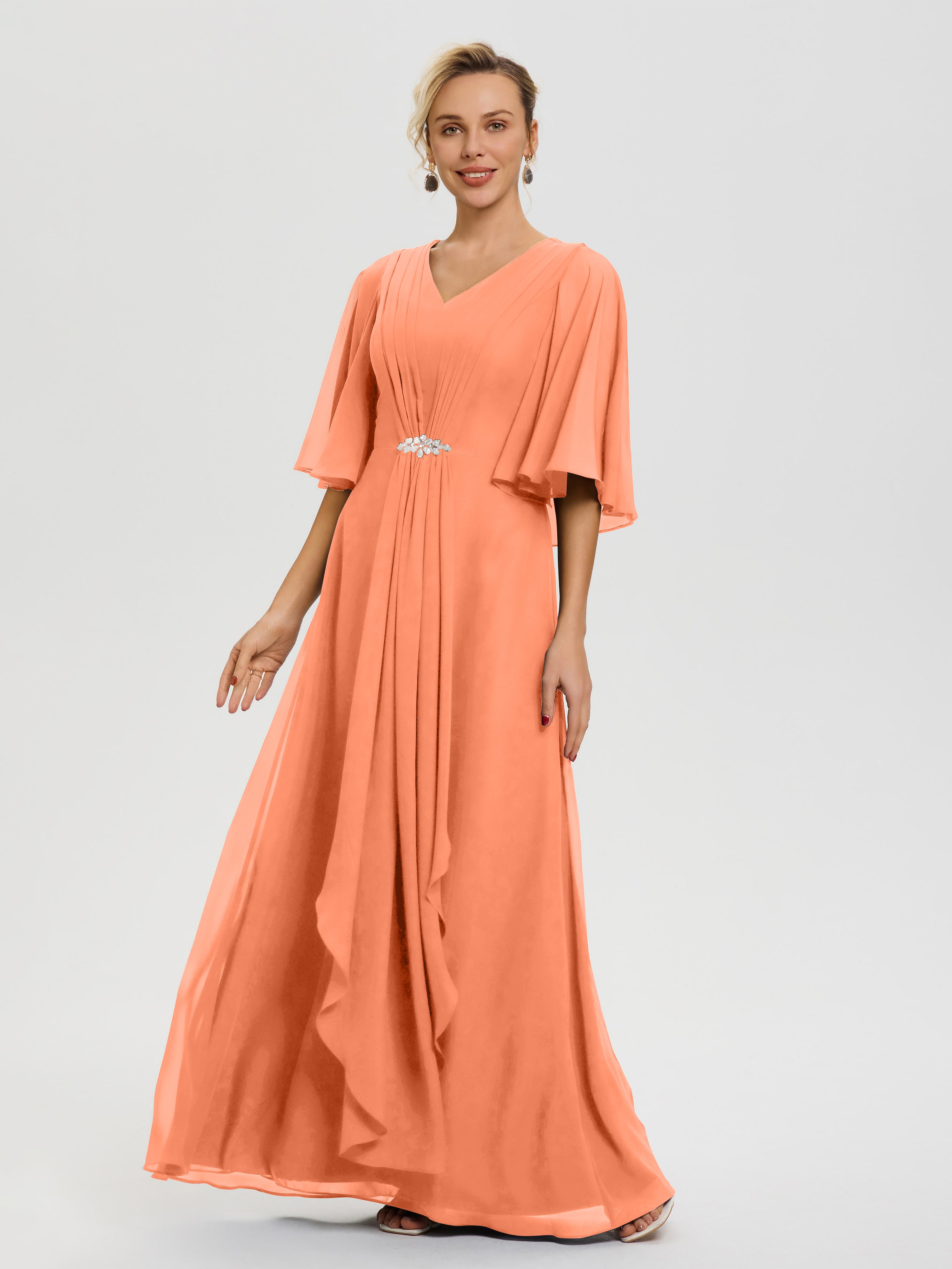 Robe Mariage Mère De La Mariée Papaye Col V Mousseline Demi Manches Robe De Mère Du Marié