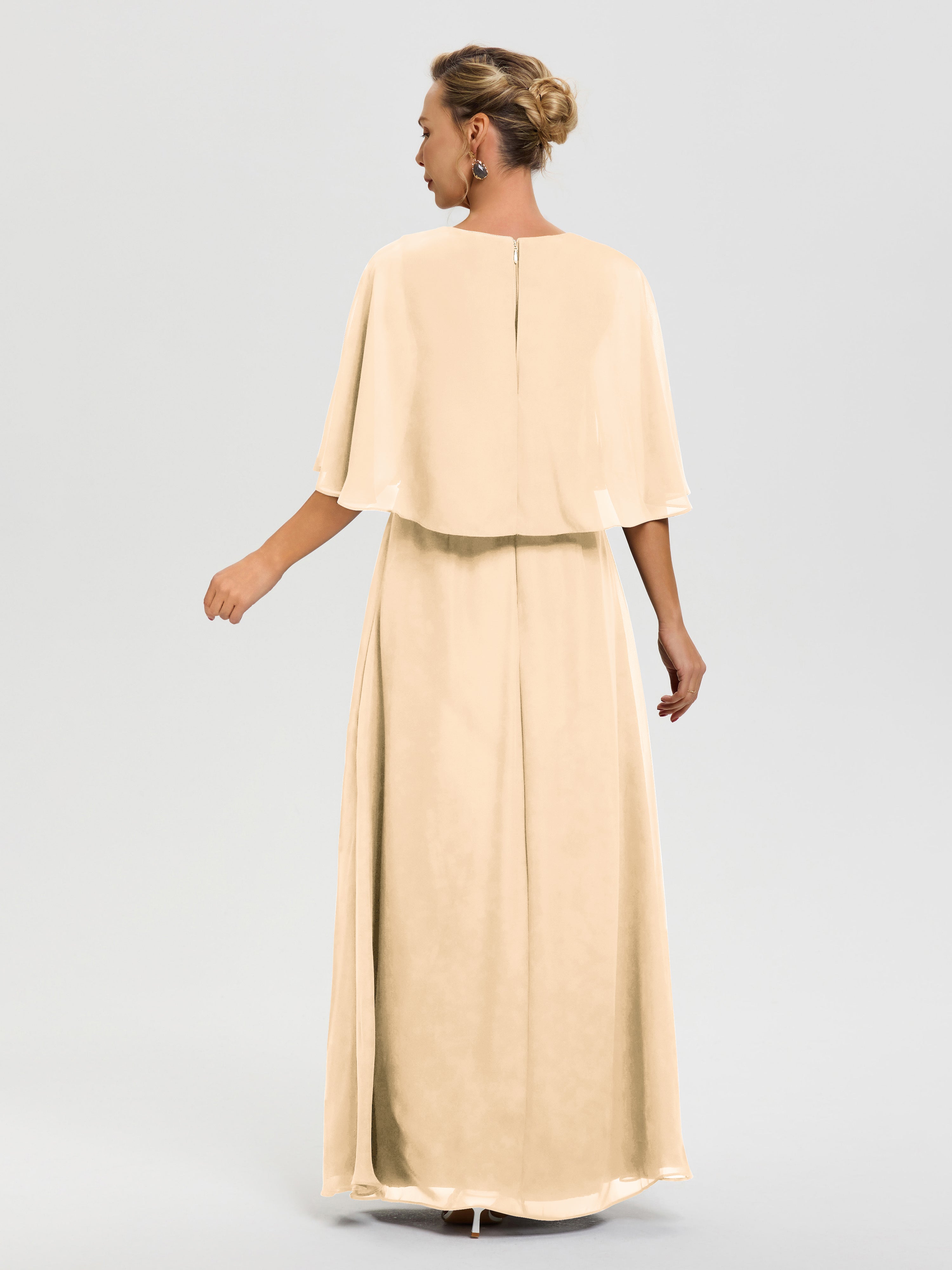 Robe Mère De Marié Peche Col V Mousseline Demi Manches Robe De Mère Du Marié