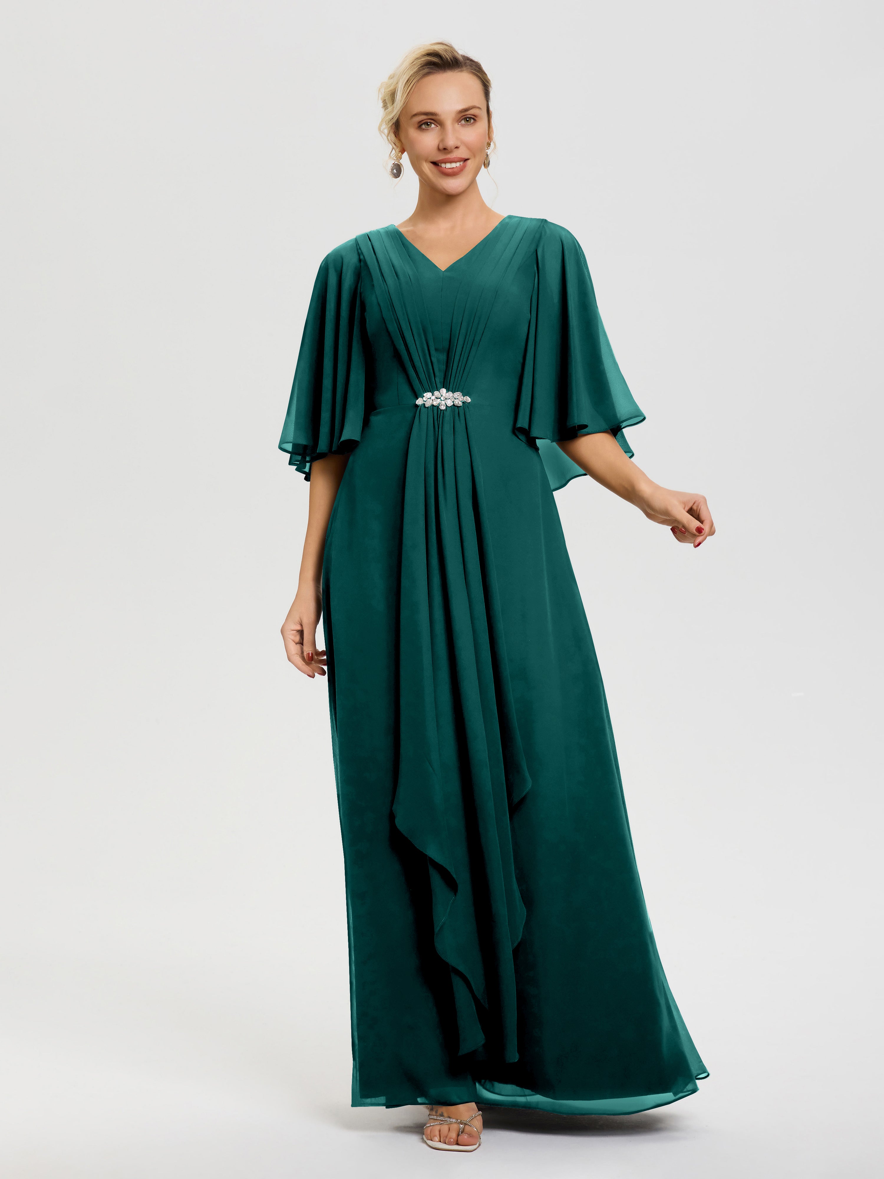Robe Mariage Mère De La Mariée Paon Col V Mousseline Demi Manches Robe De Mère Du Marié