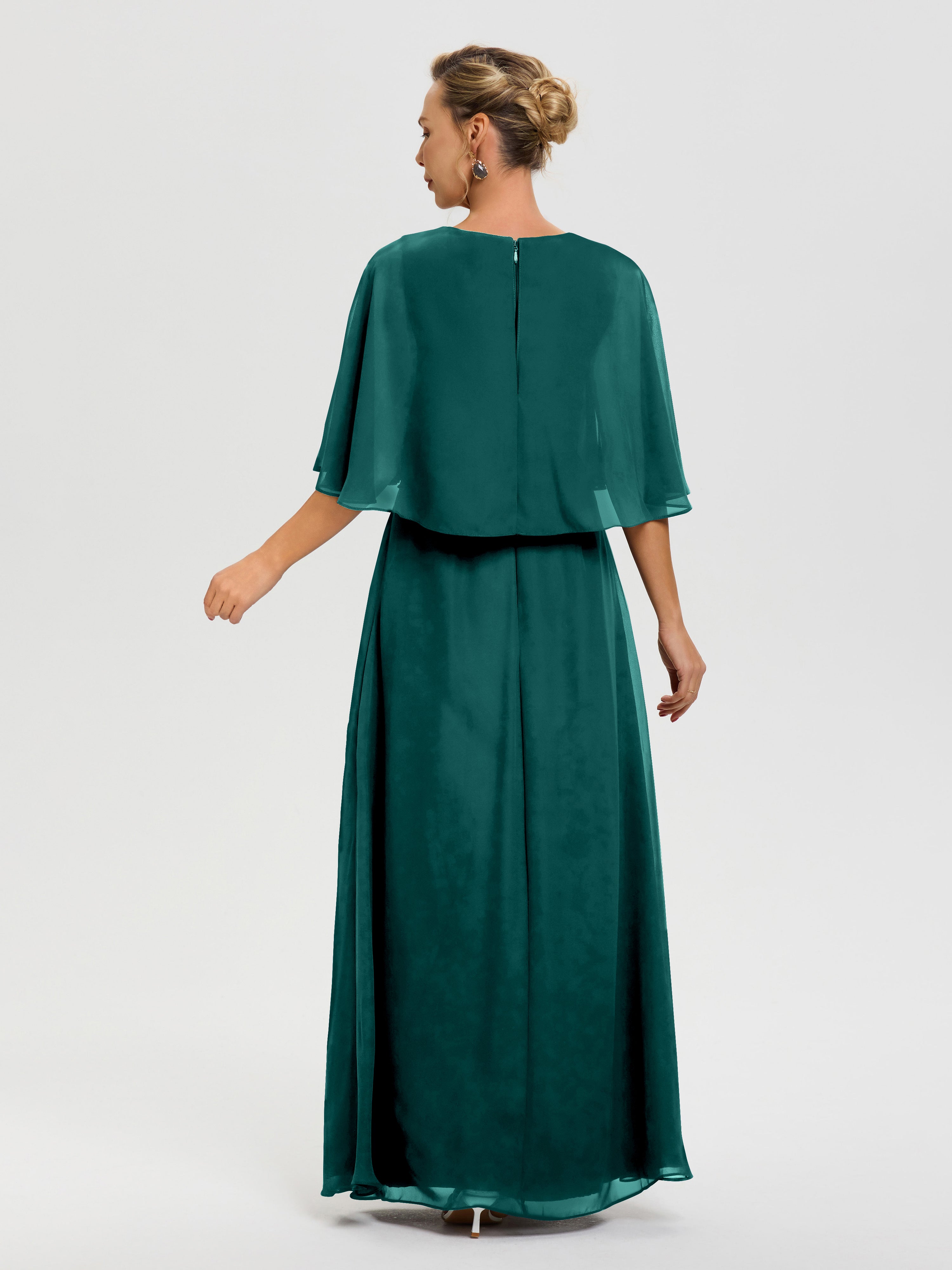 Robe Mariage Mère De La Mariée Paon Col V Mousseline Demi Manches Robe De Mère Du Marié