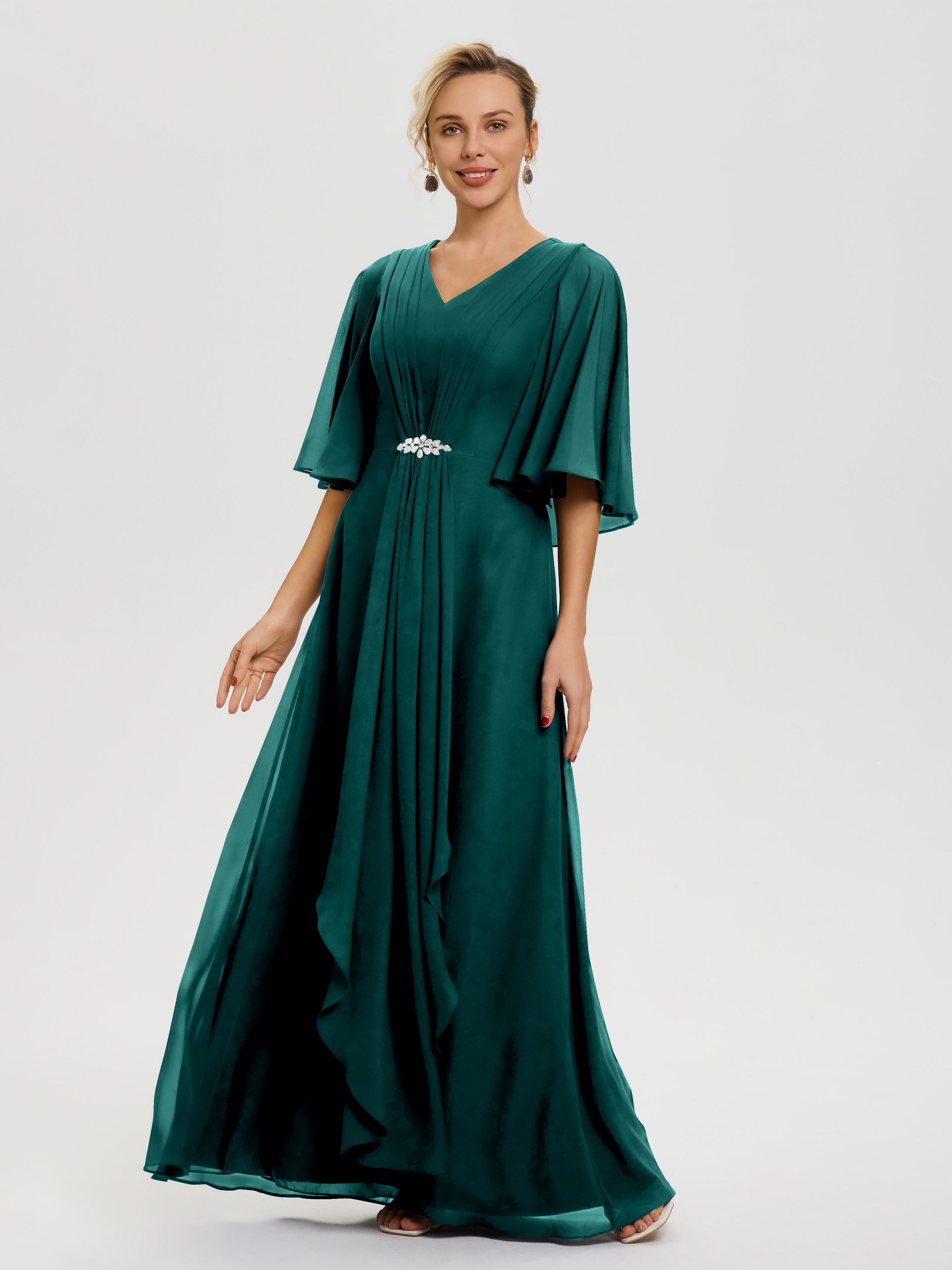 Robe Mariage Mère De La Mariée Paon Col V Mousseline Demi Manches Robe De Mère Du Marié