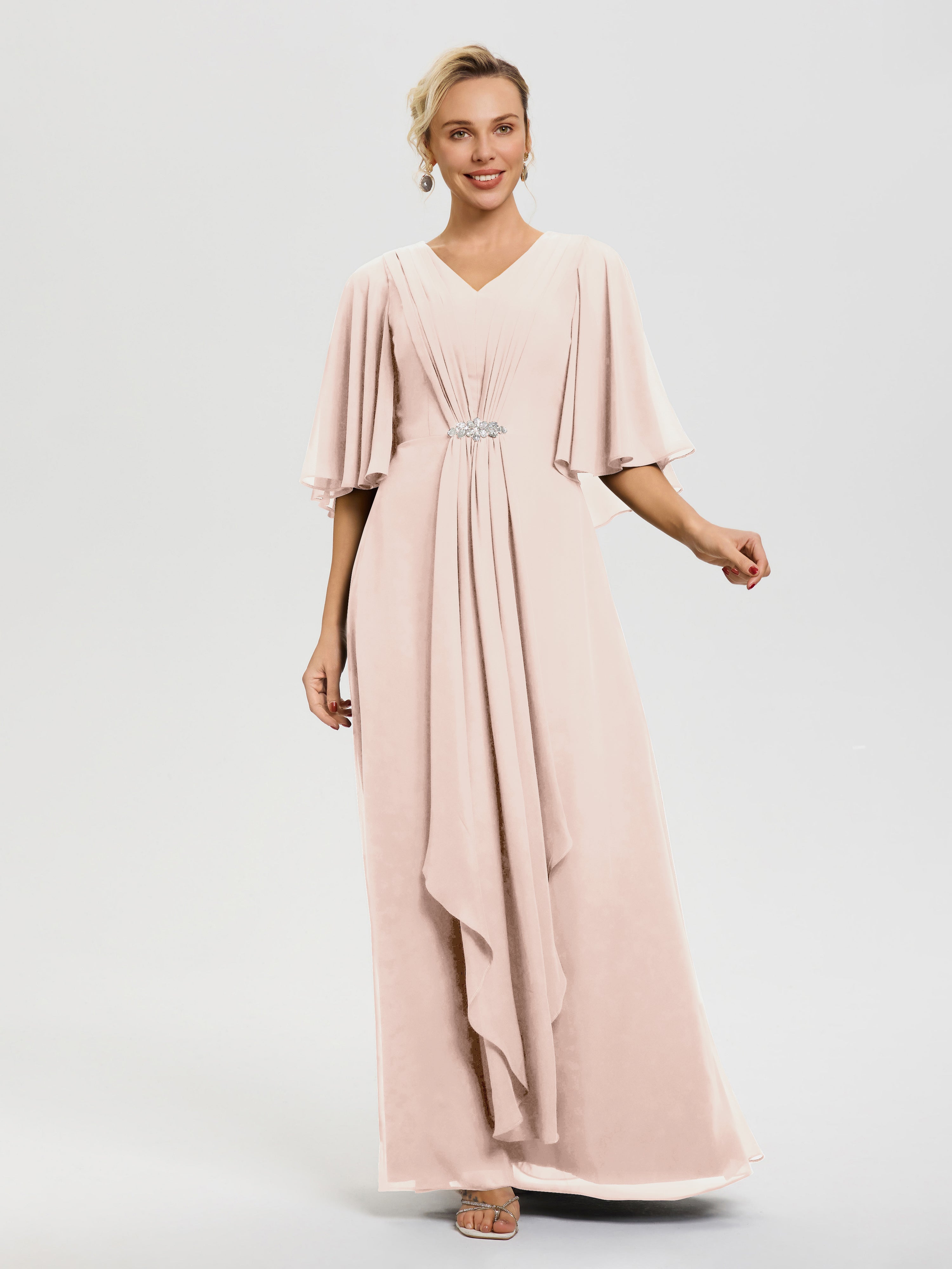 Robe Mariage Mère De La Mariée Rose Perle Col V Mousseline Demi Manches Robe De Mère Du Marié