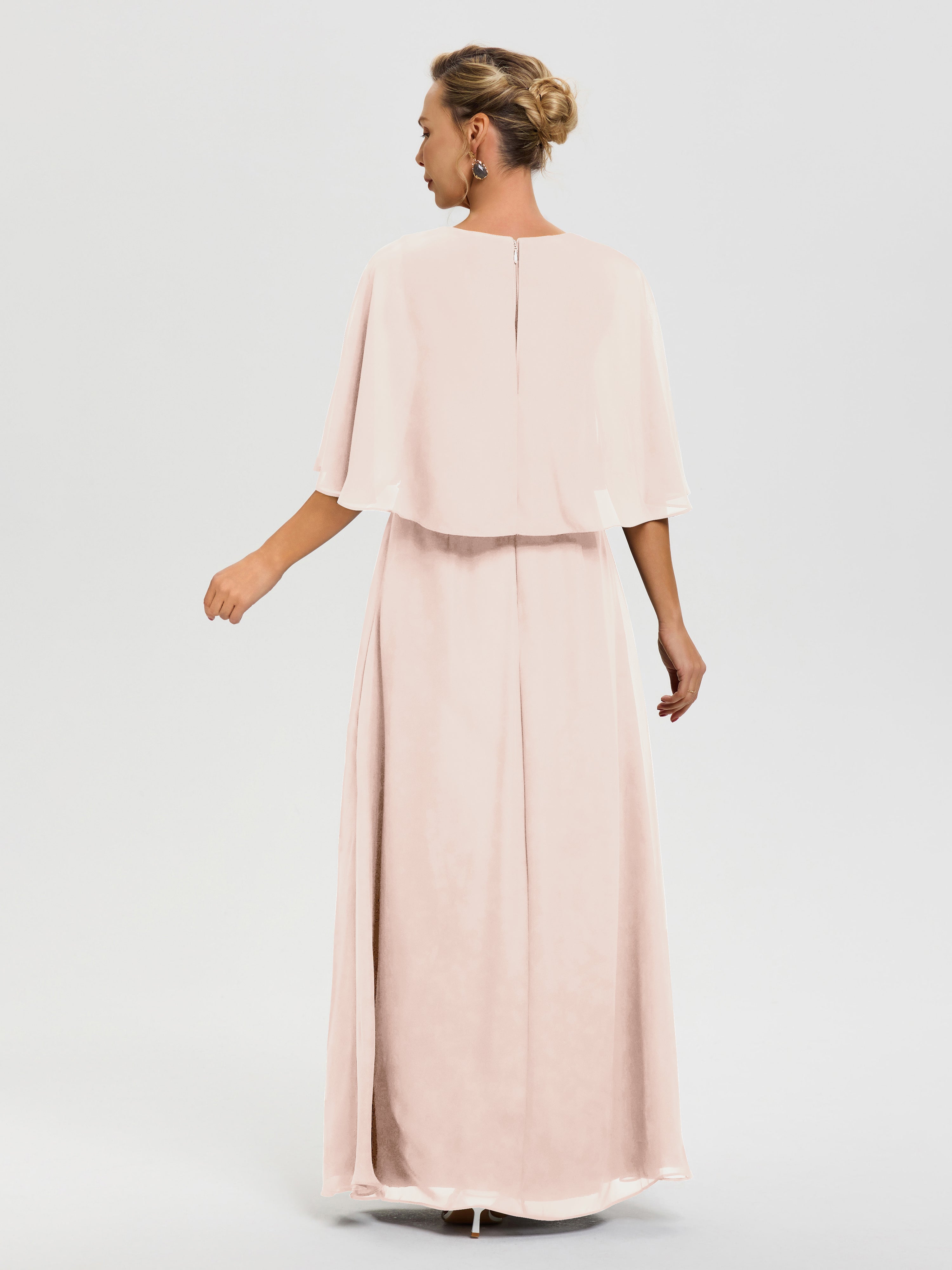 Robe Mariage Mère De La Mariée Rose Perle Col V Mousseline Demi Manches Robe De Mère Du Marié