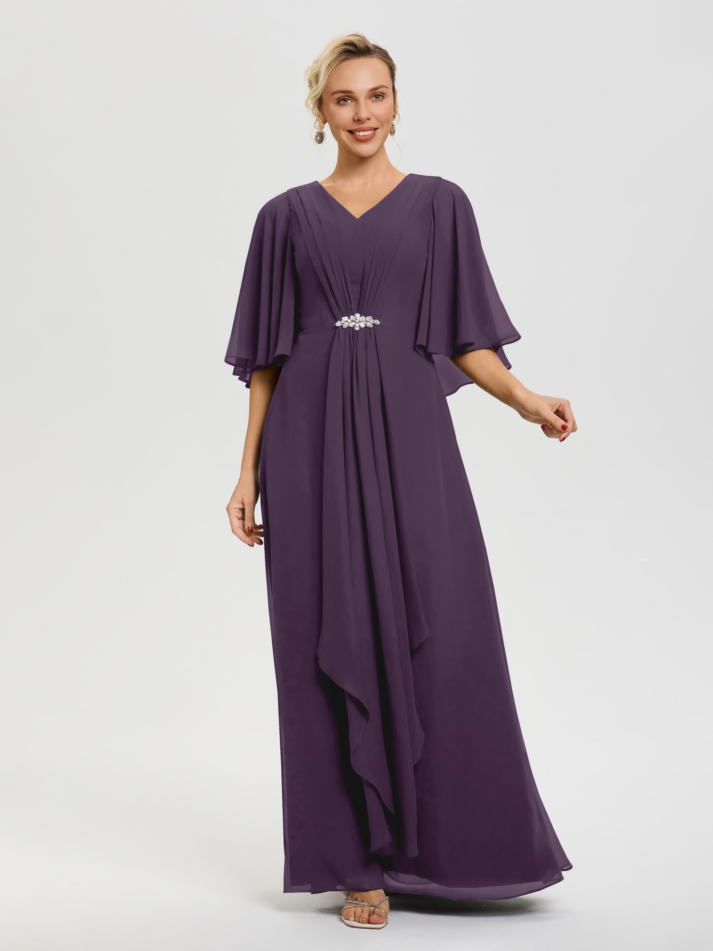 Robe Mariage Mère De La Mariée Plum Col V Mousseline Demi Manches Robe De Mère Du Marié