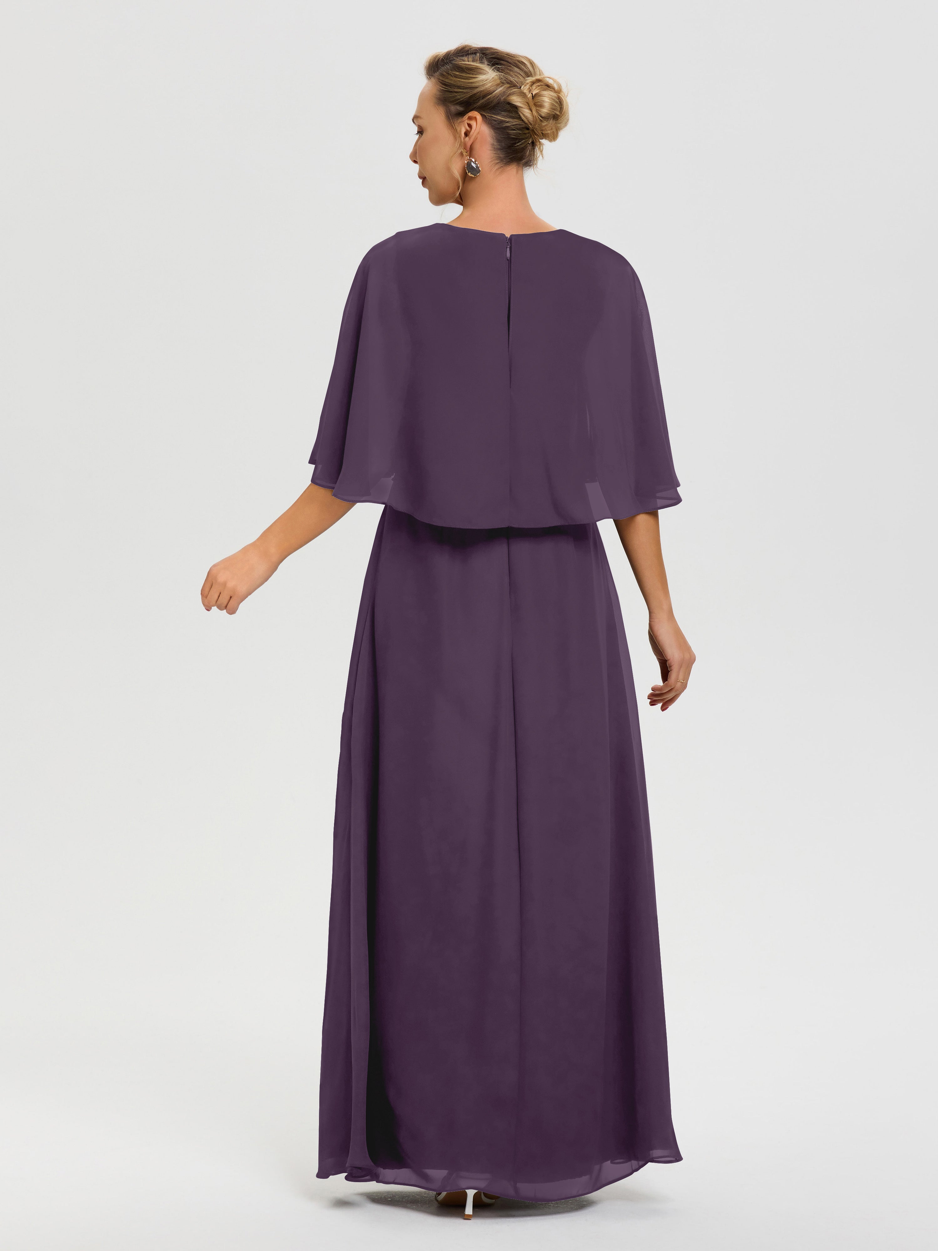 Robe Mariage Mère De La Mariée Plum Col V Mousseline Demi Manches Robe De Mère Du Marié