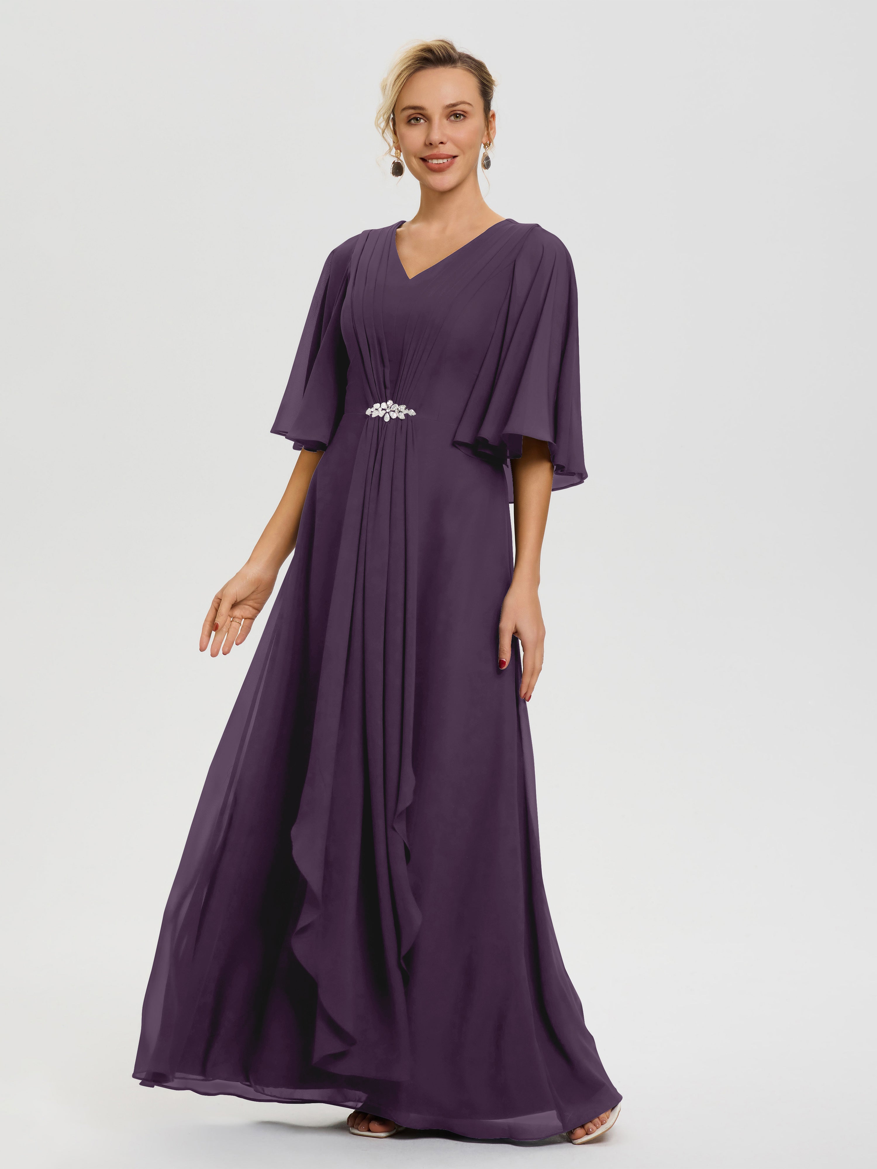 Robe Mariage Mère De La Mariée Plum Col V Mousseline Demi Manches Robe De Mère Du Marié