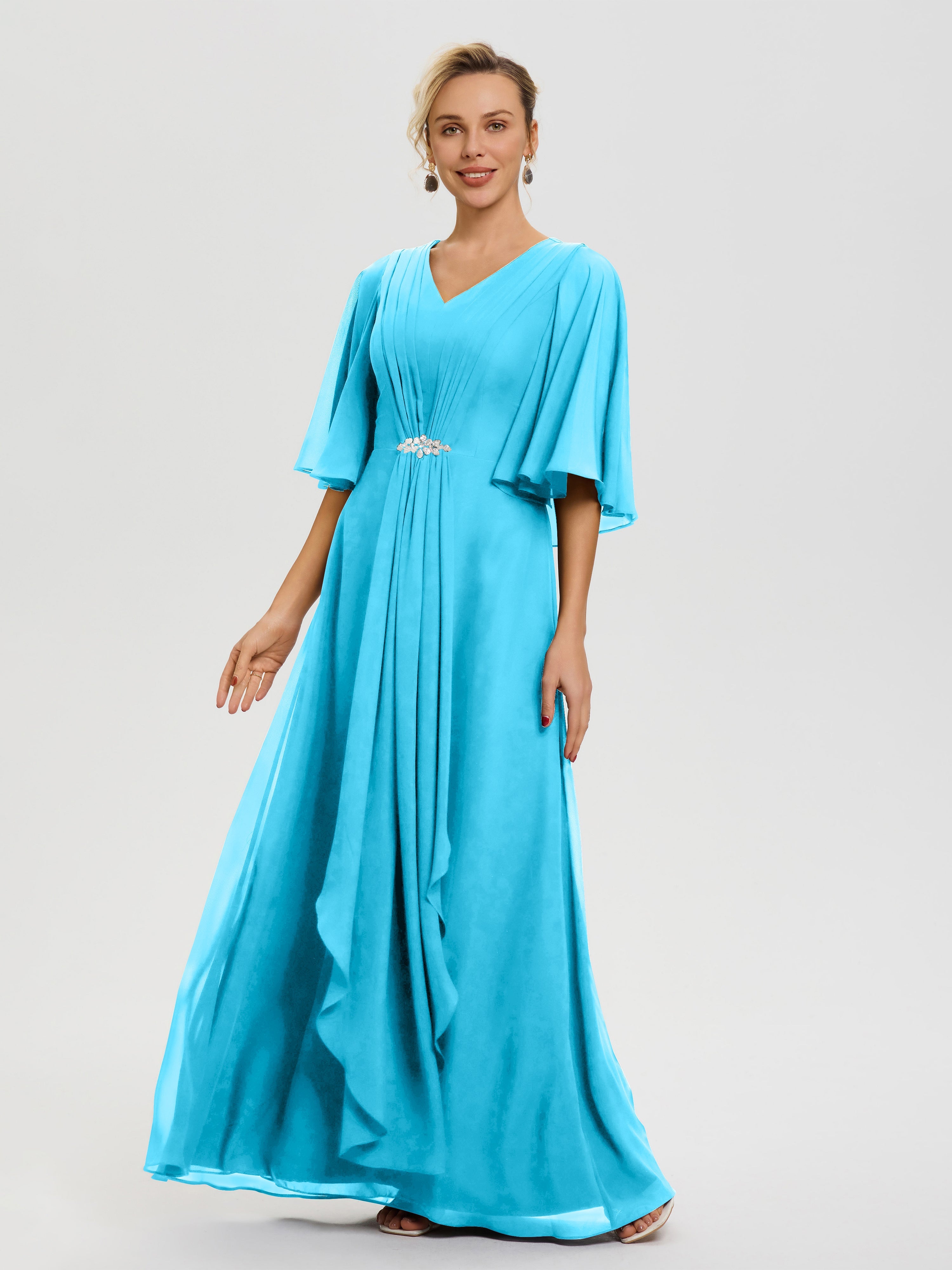 Robe Mariage Mère De La Mariée Piscine Col V Mousseline Demi Manches Robe De Mère Du Marié