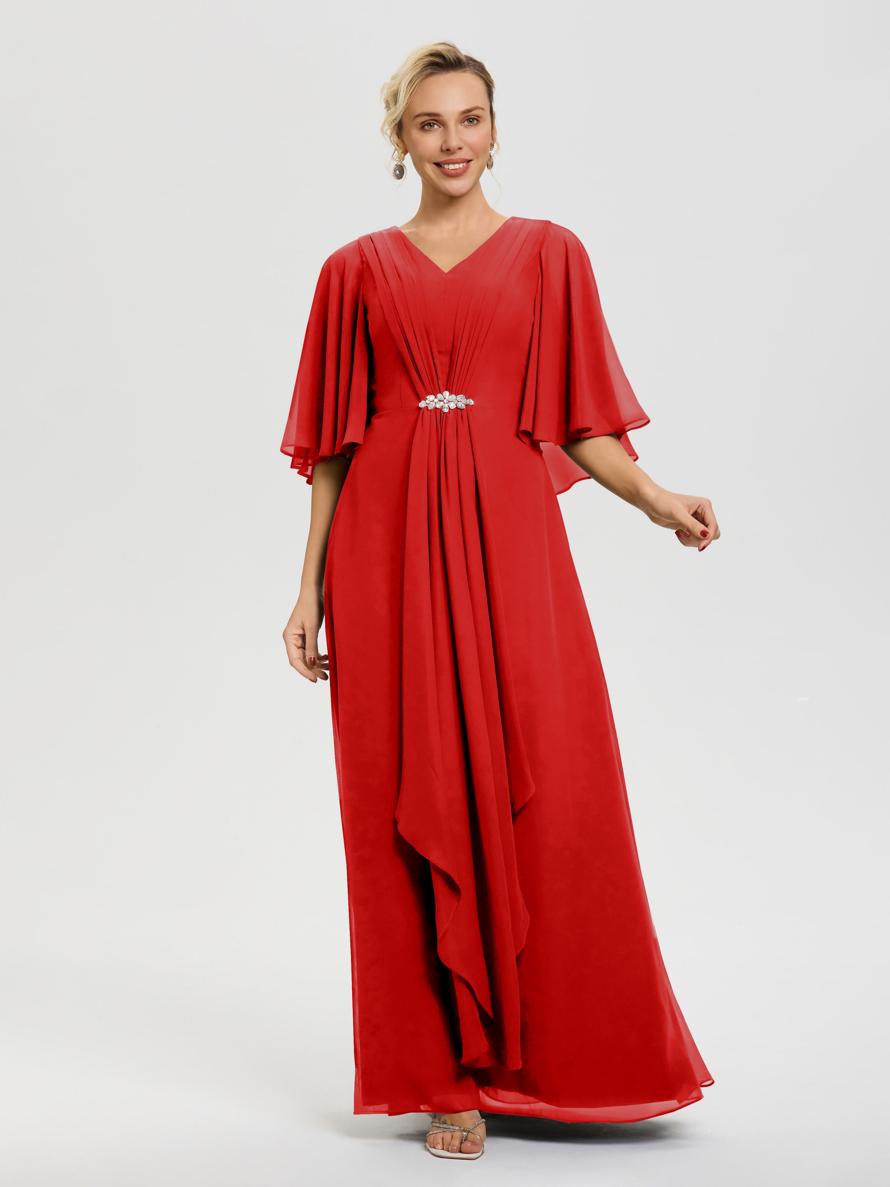 Robe Mariage Mère De La Mariée Rouge Col V Mousseline Demi Manches Robe De Mère Du Marié