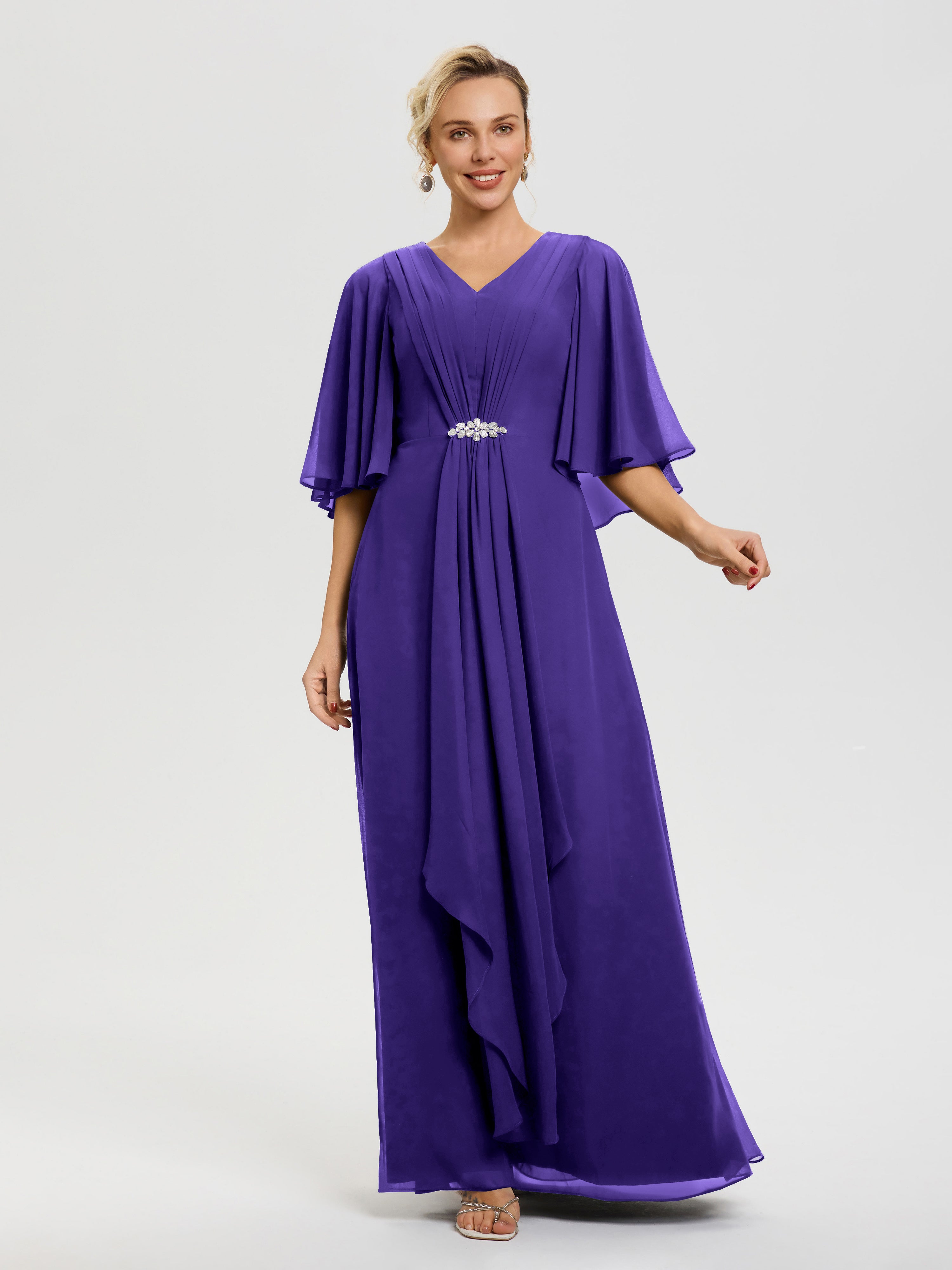 Robe Mariage Mère De La Mariée Régence Col V Mousseline Demi Manches Robe De Mère Du Marié