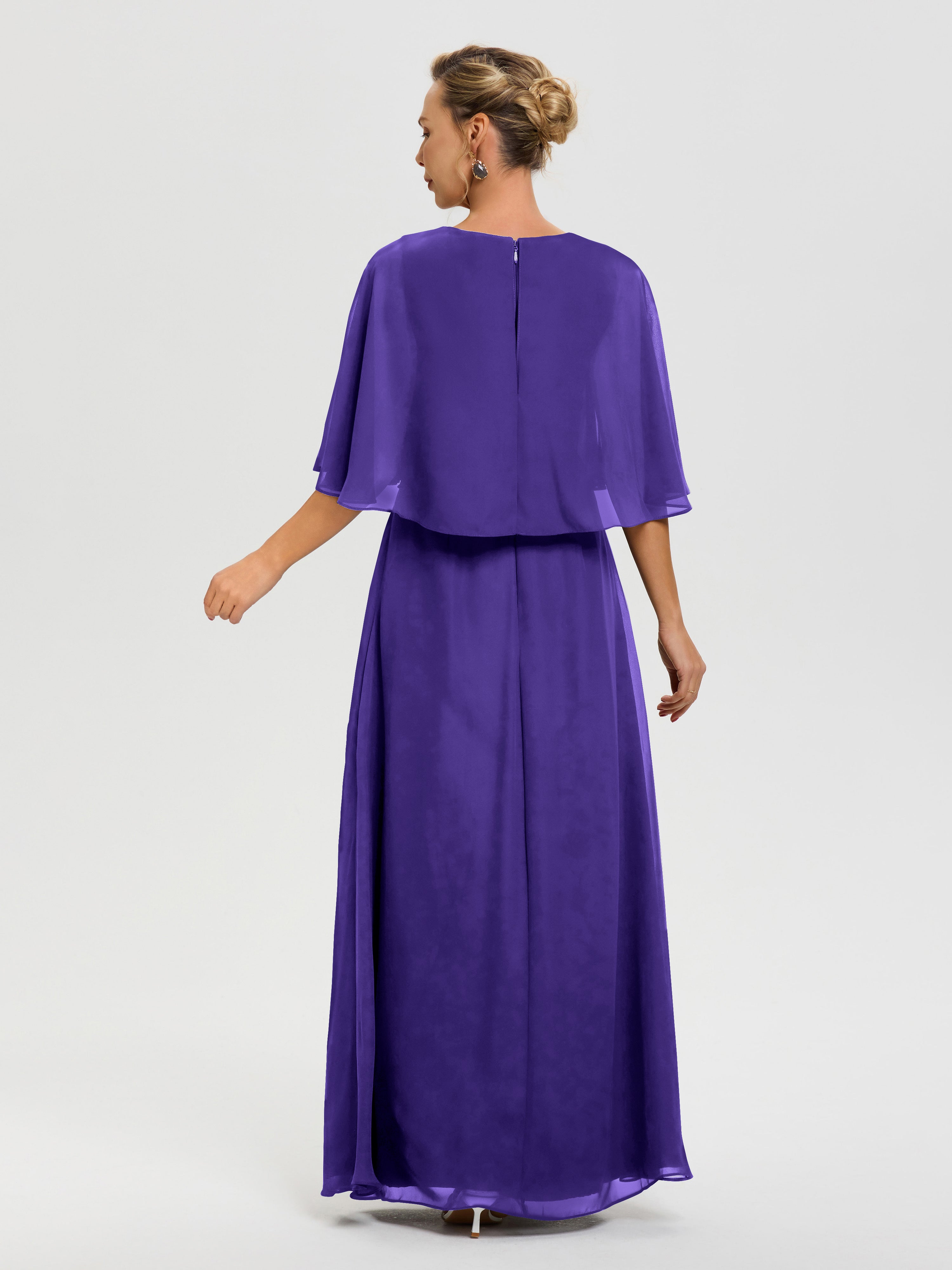 Robe Mariage Mère De La Mariée Régence Col V Mousseline Demi Manches Robe De Mère Du Marié