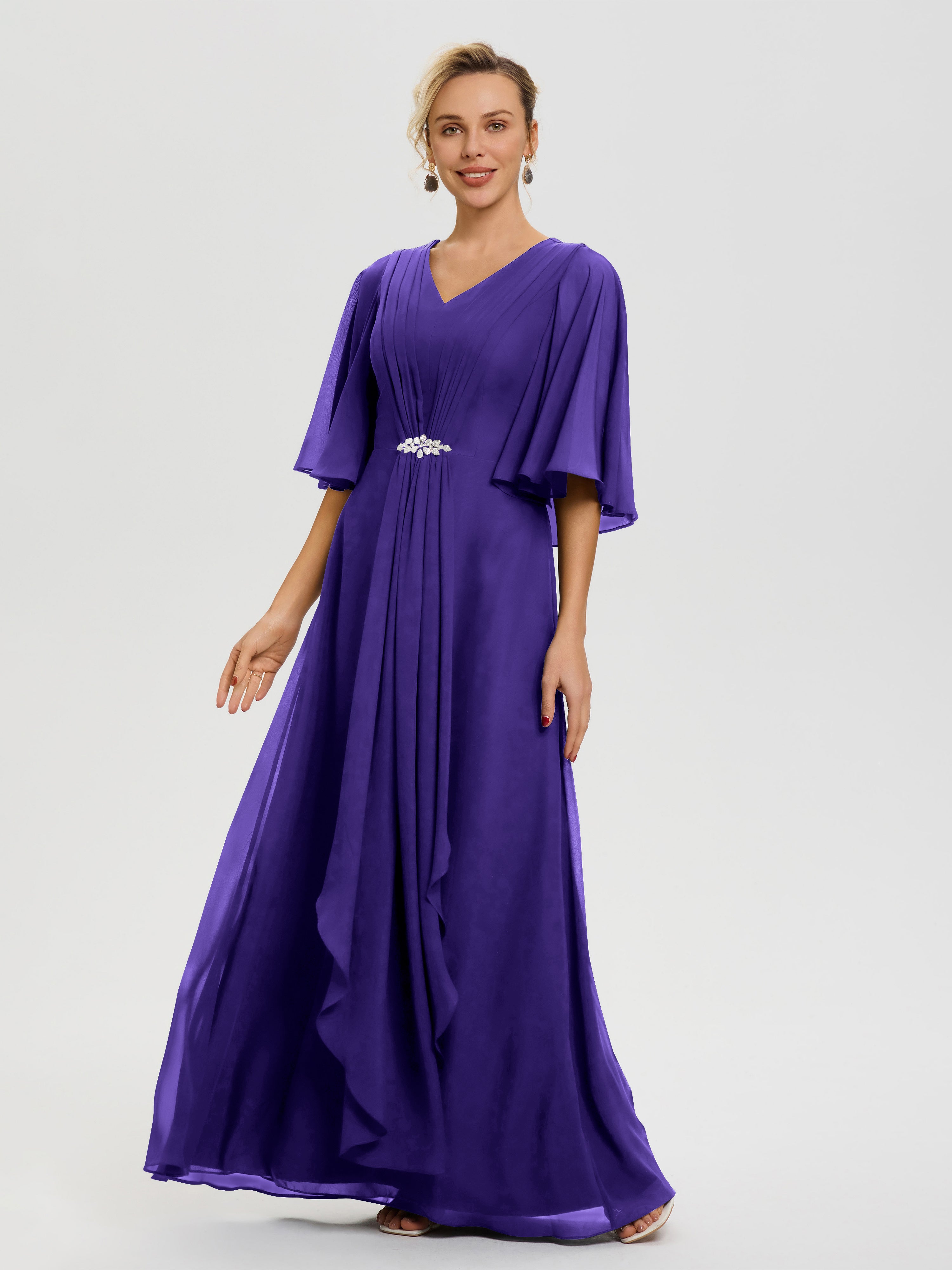 Robe Mariage Mère De La Mariée Régence Col V Mousseline Demi Manches Robe De Mère Du Marié
