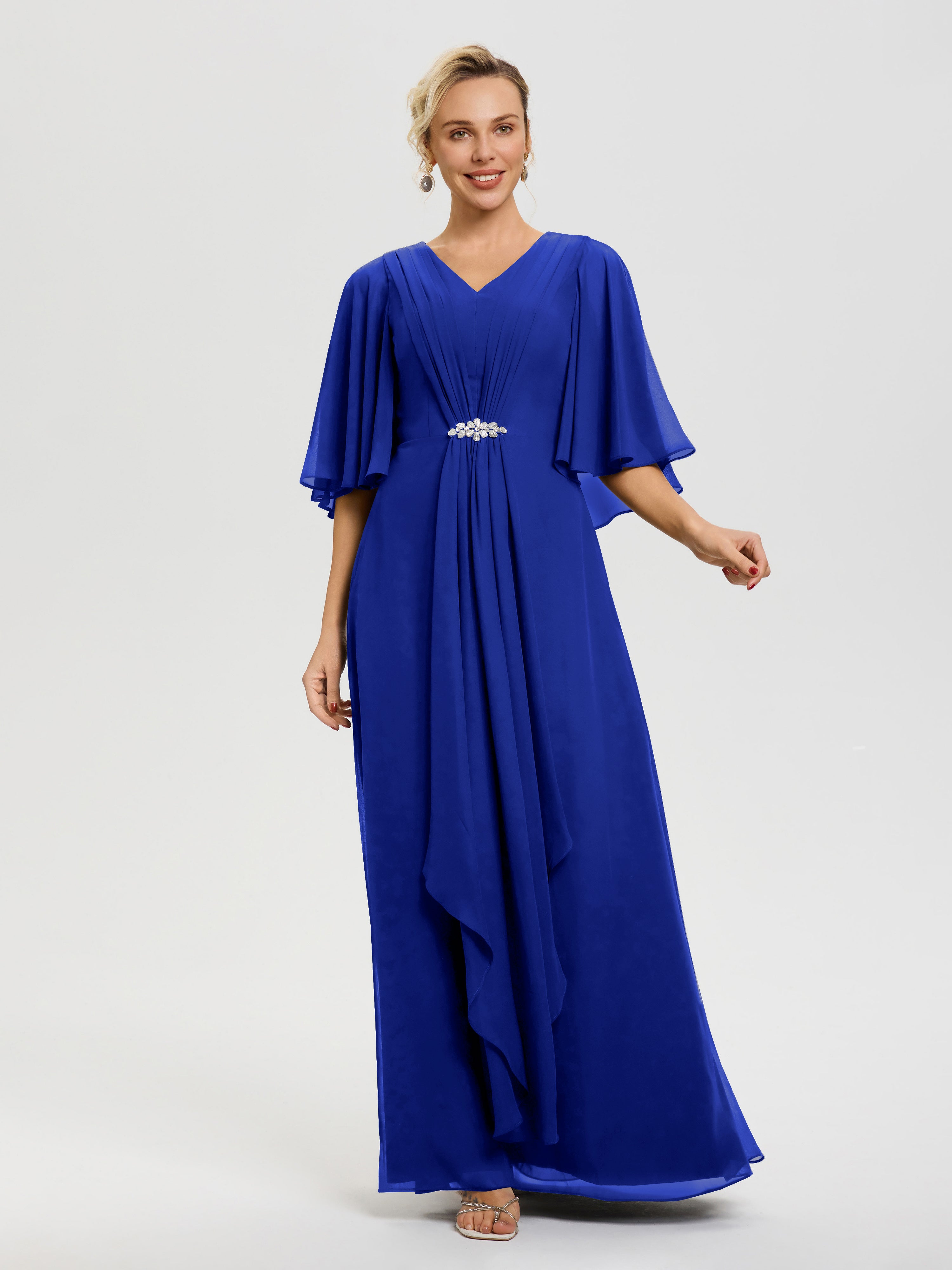 Robe Pour La Mère De La Mariée Bleu Royale Col V Mousseline Demi Manches Robe De Mère Du Marié