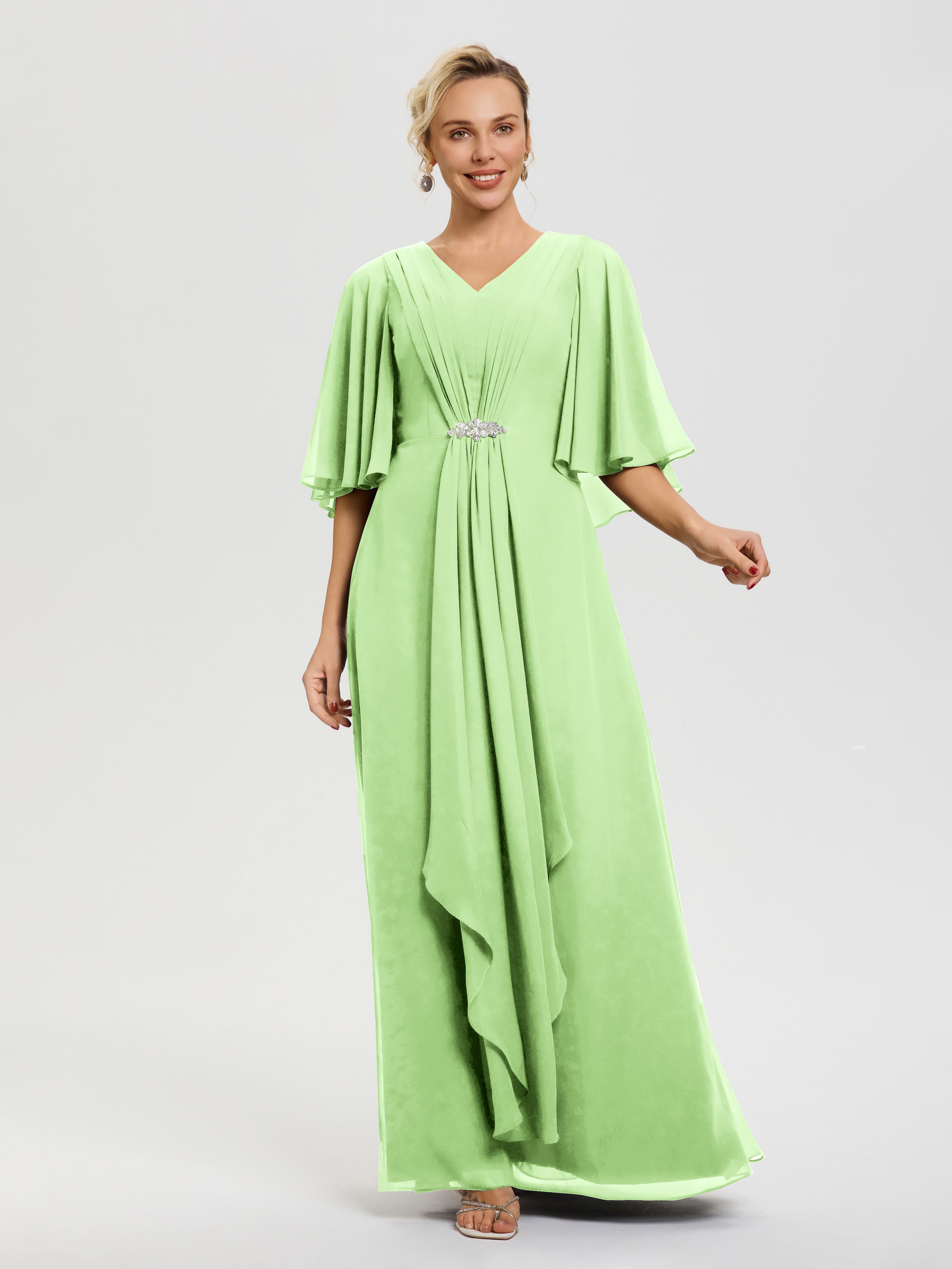 Robe Mère De Marié Sauge Col V Mousseline Demi Manches Robe De Mère Du Marié