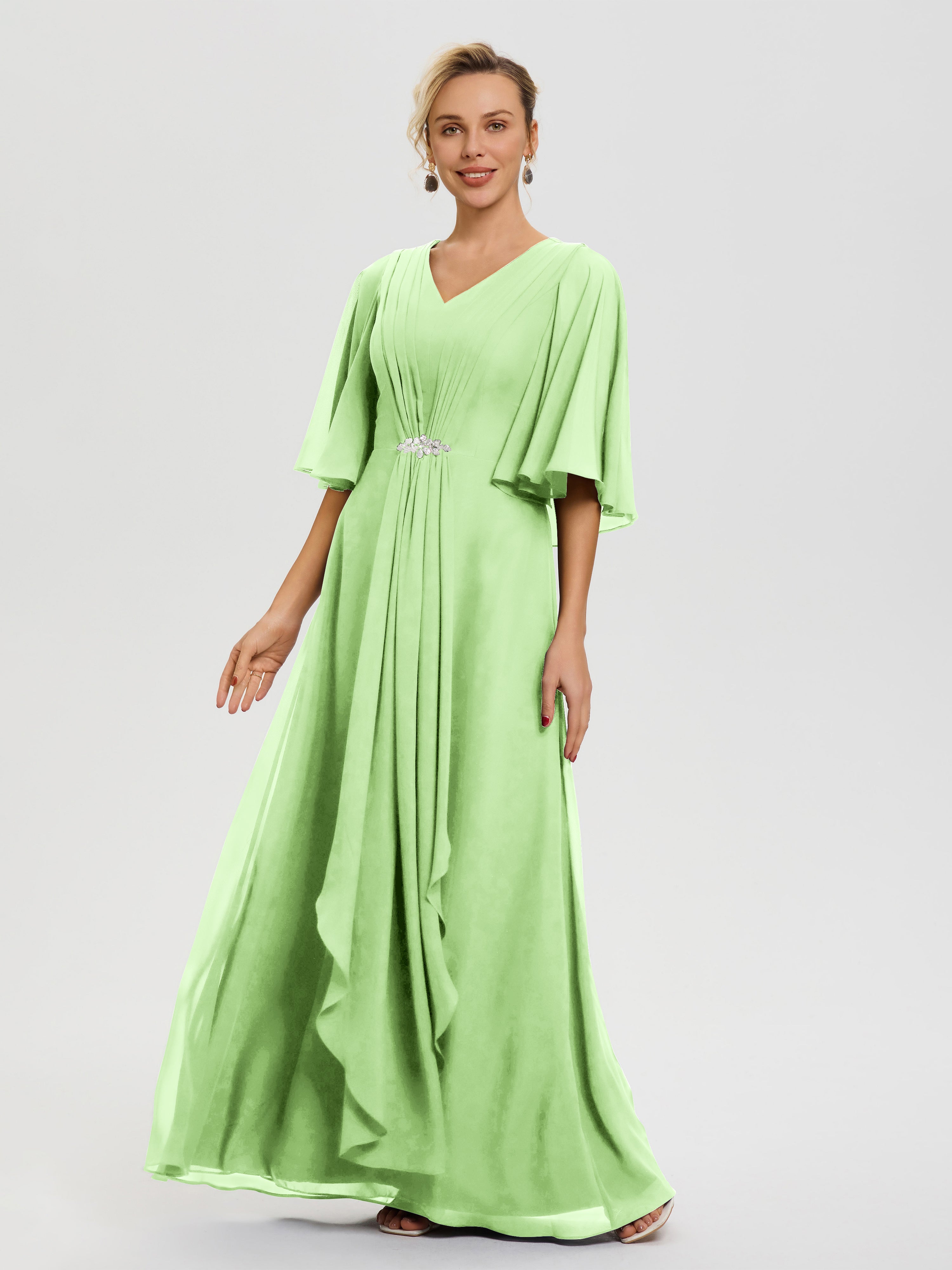 Robe Mère De Marié Sauge Col V Mousseline Demi Manches Robe De Mère Du Marié