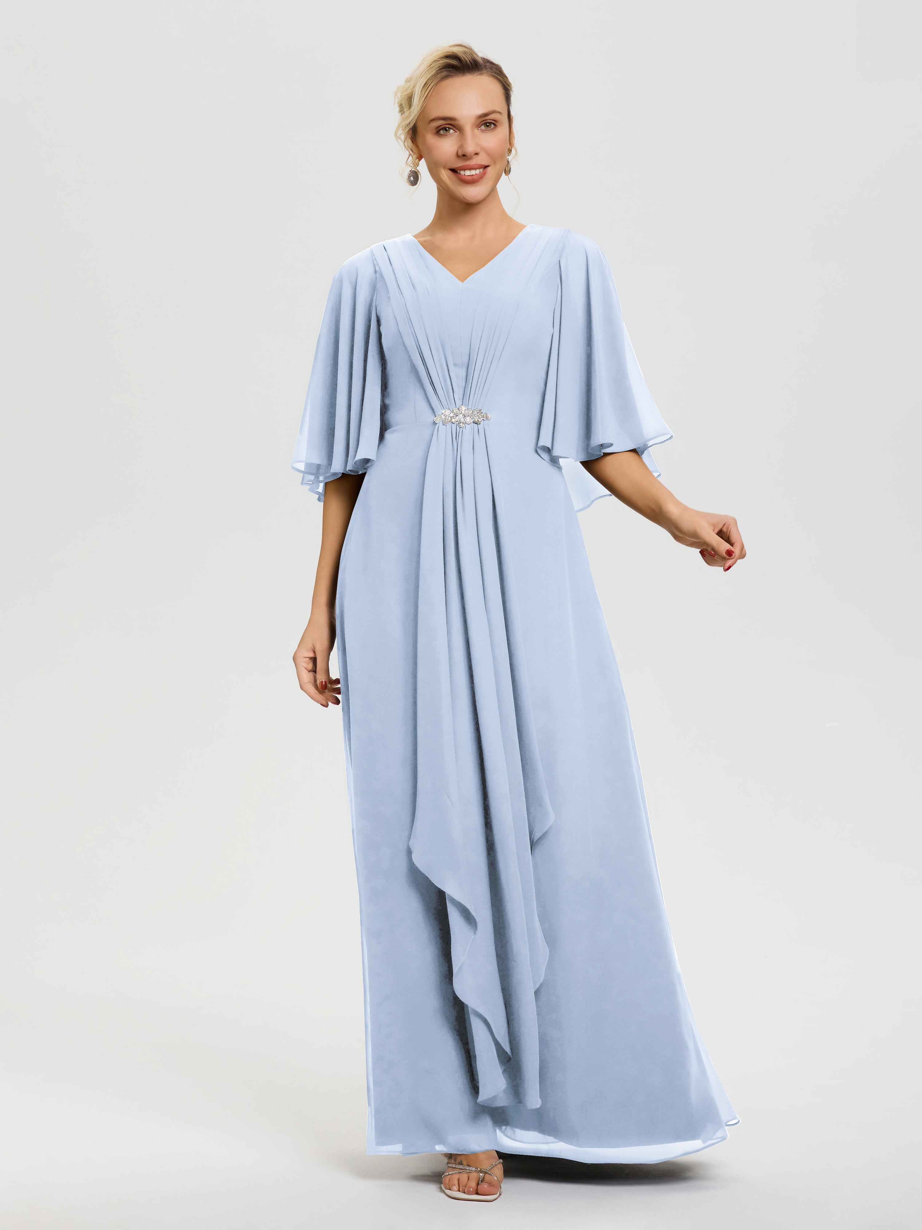 Robe Pour La Mère De La Mariée Bleu Ciel Col V Mousseline Demi Manches Robe De Mère Du Marié