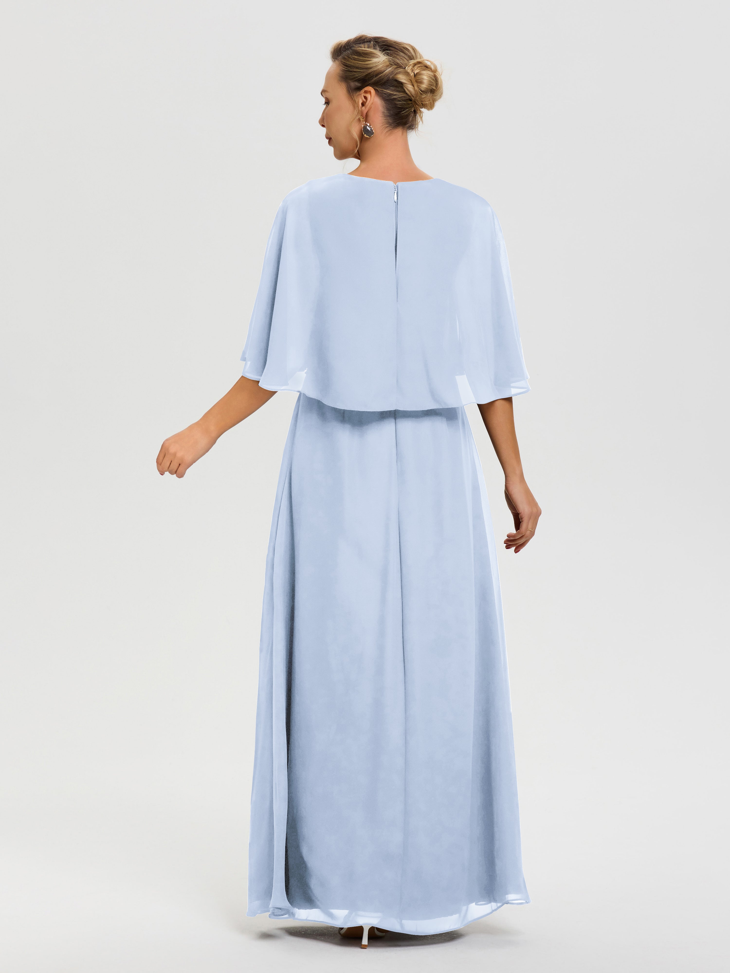 Robe Pour La Mère De La Mariée Bleu Ciel Col V Mousseline Demi Manches Robe De Mère Du Marié