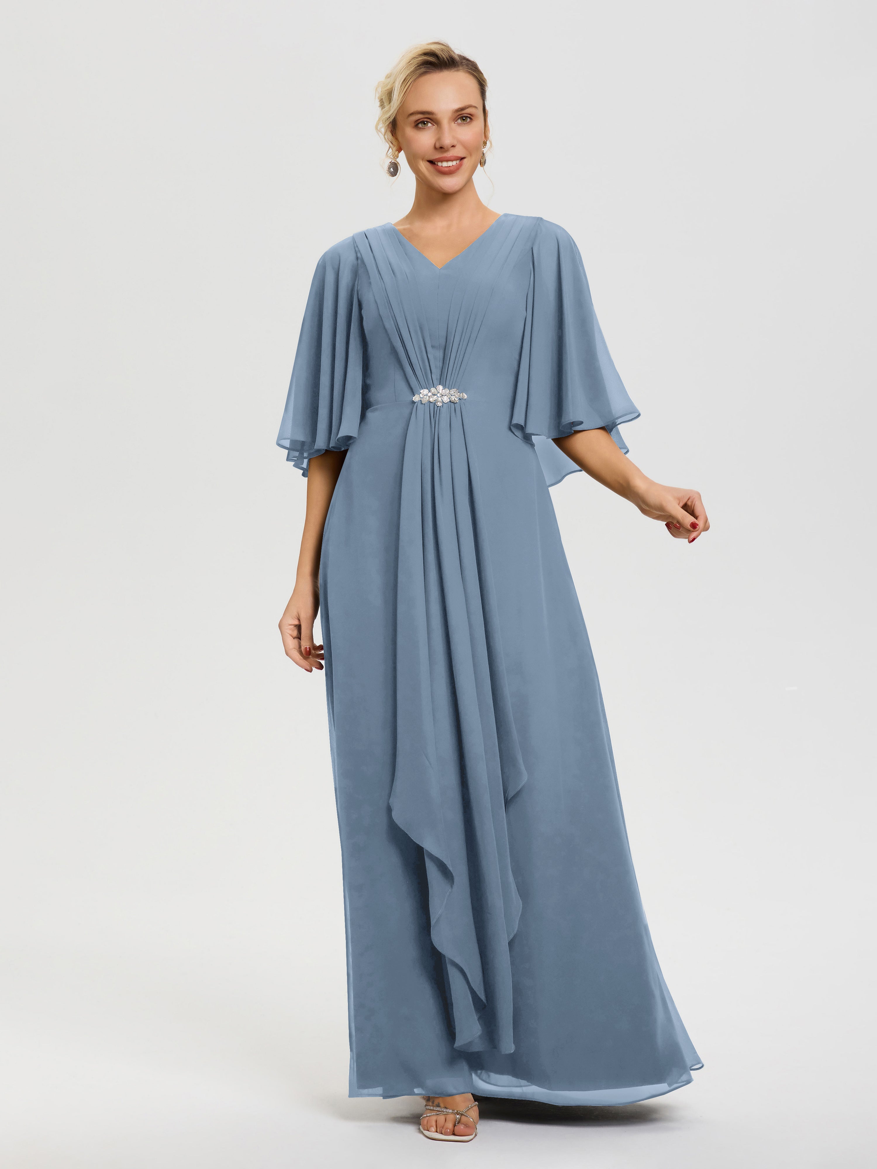 Robe Cérémonie Mariage Mère Du Marié Bleu De Schiste Col-V-Mousseline-Demi-Manches-Robe-De-Mere-Du-Marie