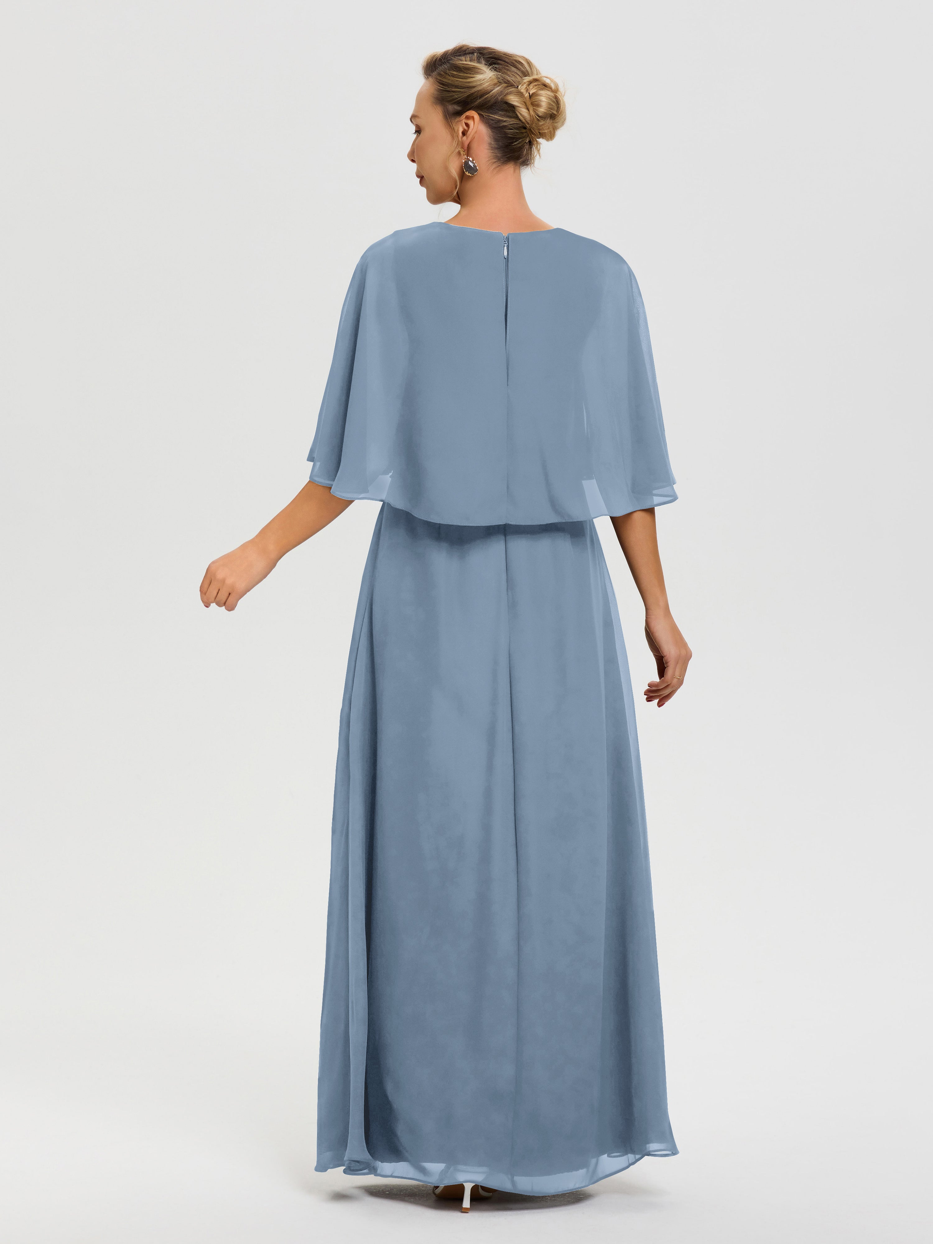 Robe Cérémonie Mariage Mère Du Marié Bleu De Schiste Col-V-Mousseline-Demi-Manches-Robe-De-Mere-Du-Marie