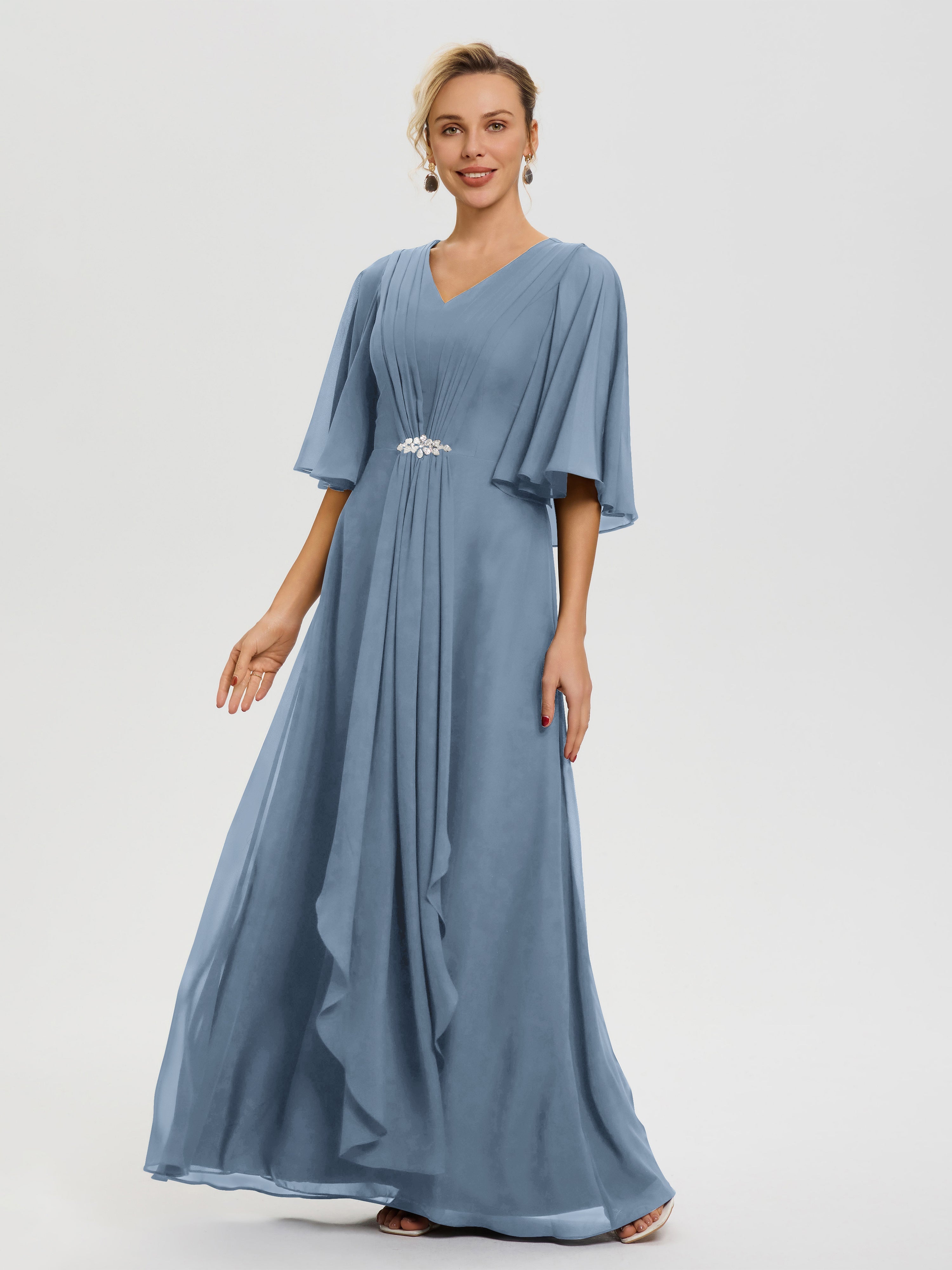 Robe Cérémonie Mariage Mère Du Marié Bleu De Schiste Col-V-Mousseline-Demi-Manches-Robe-De-Mere-Du-Marie
