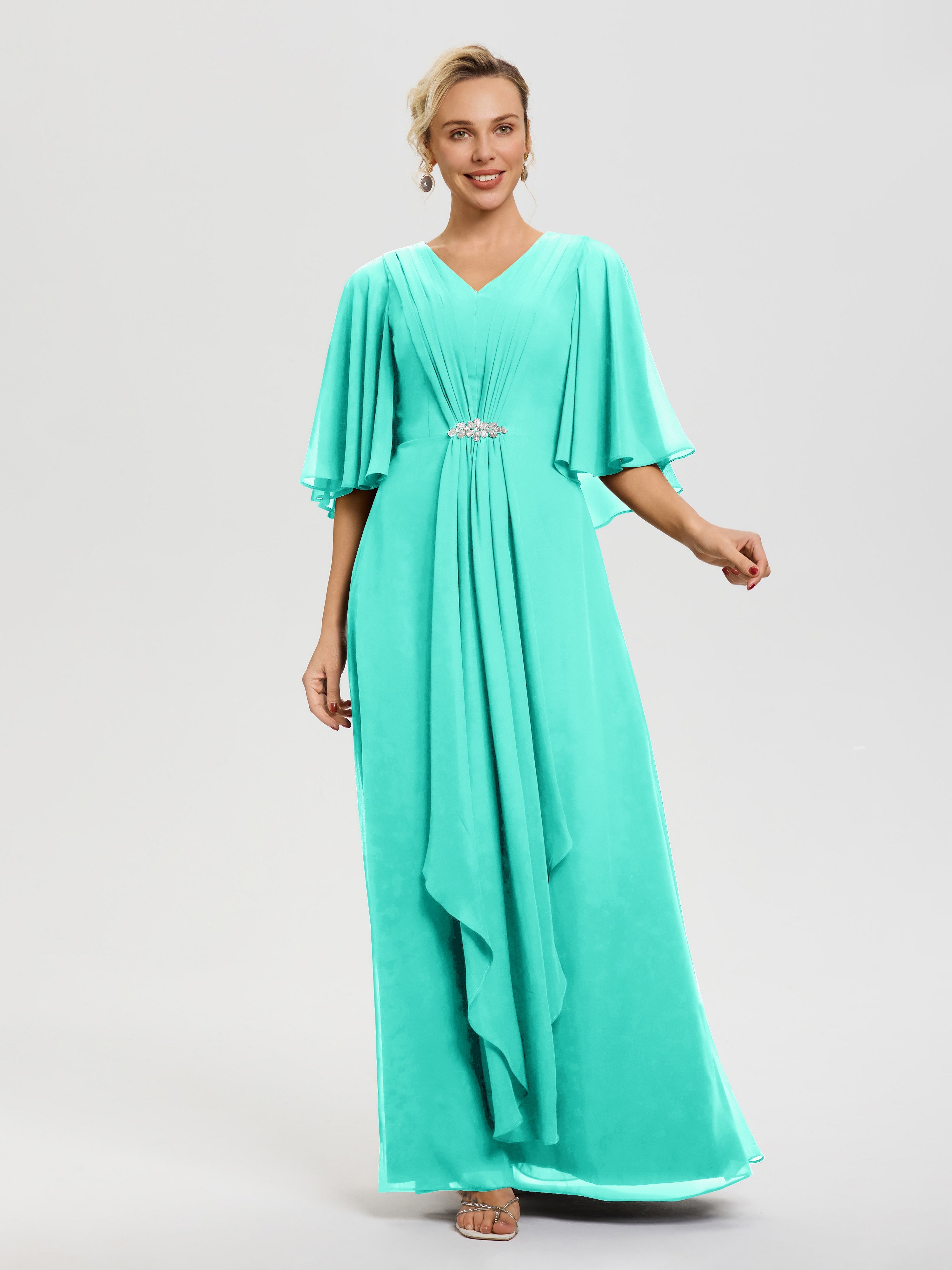 Robe Mère De Marié Spa Col V Mousseline Demi Manches Robe De Mère Du Marié