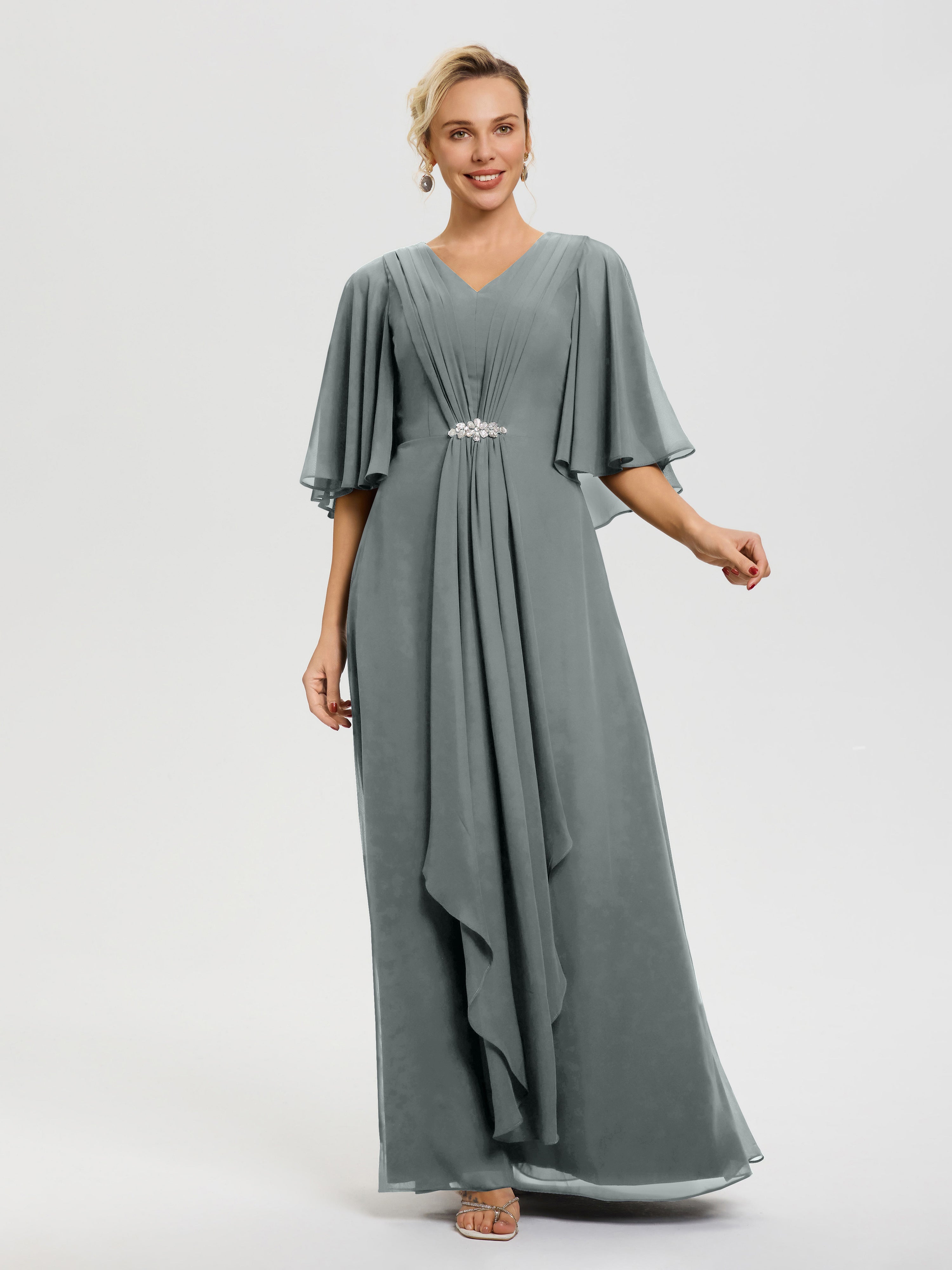 Robe Cérémonie Mariage Mère Du Marié Gris Acier Col V Mousseline Demi Manches Robe De Mère Du Marié