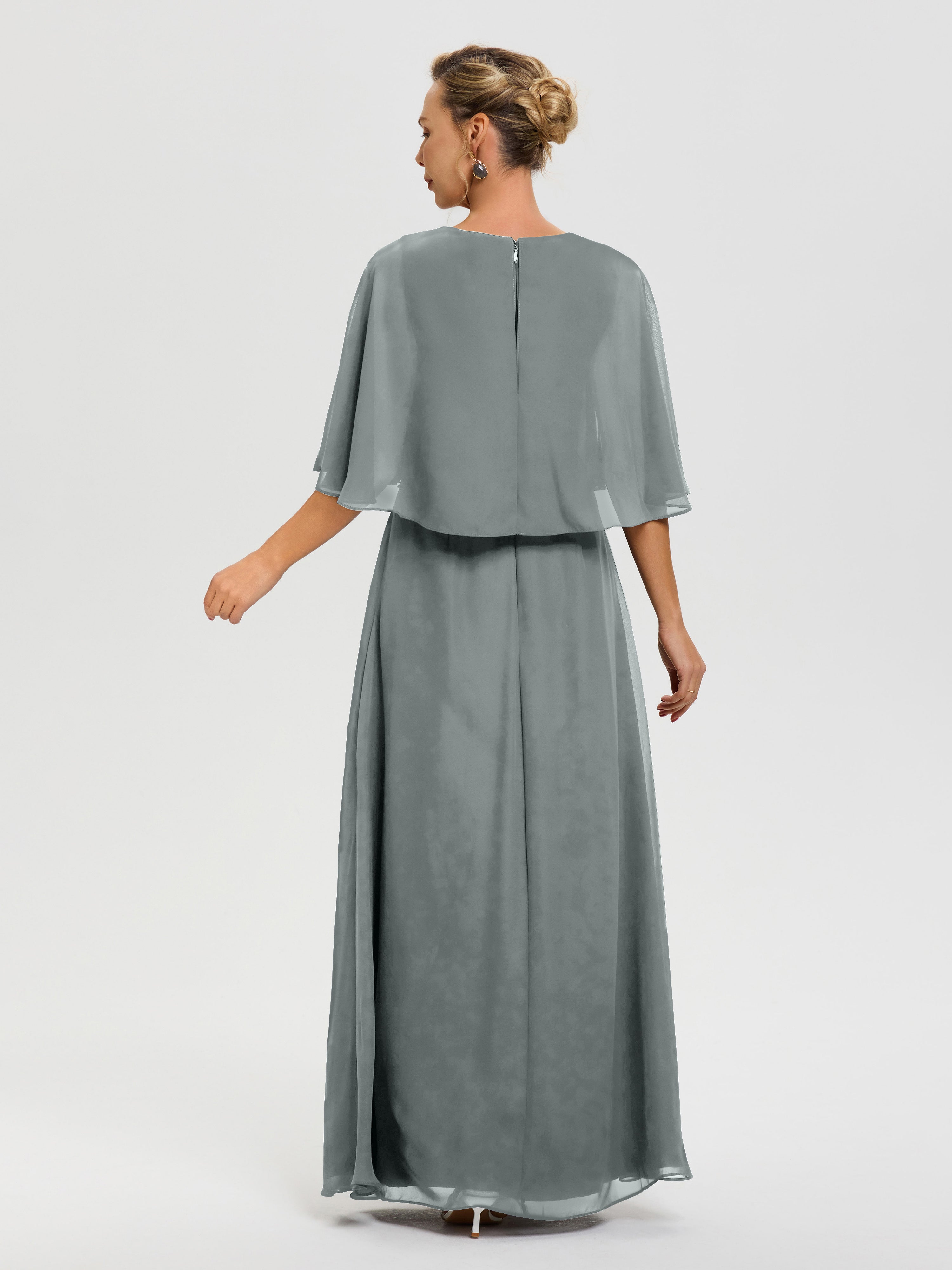 Robe Cérémonie Mariage Mère Du Marié Gris Acier Col V Mousseline Demi Manches Robe De Mère Du Marié