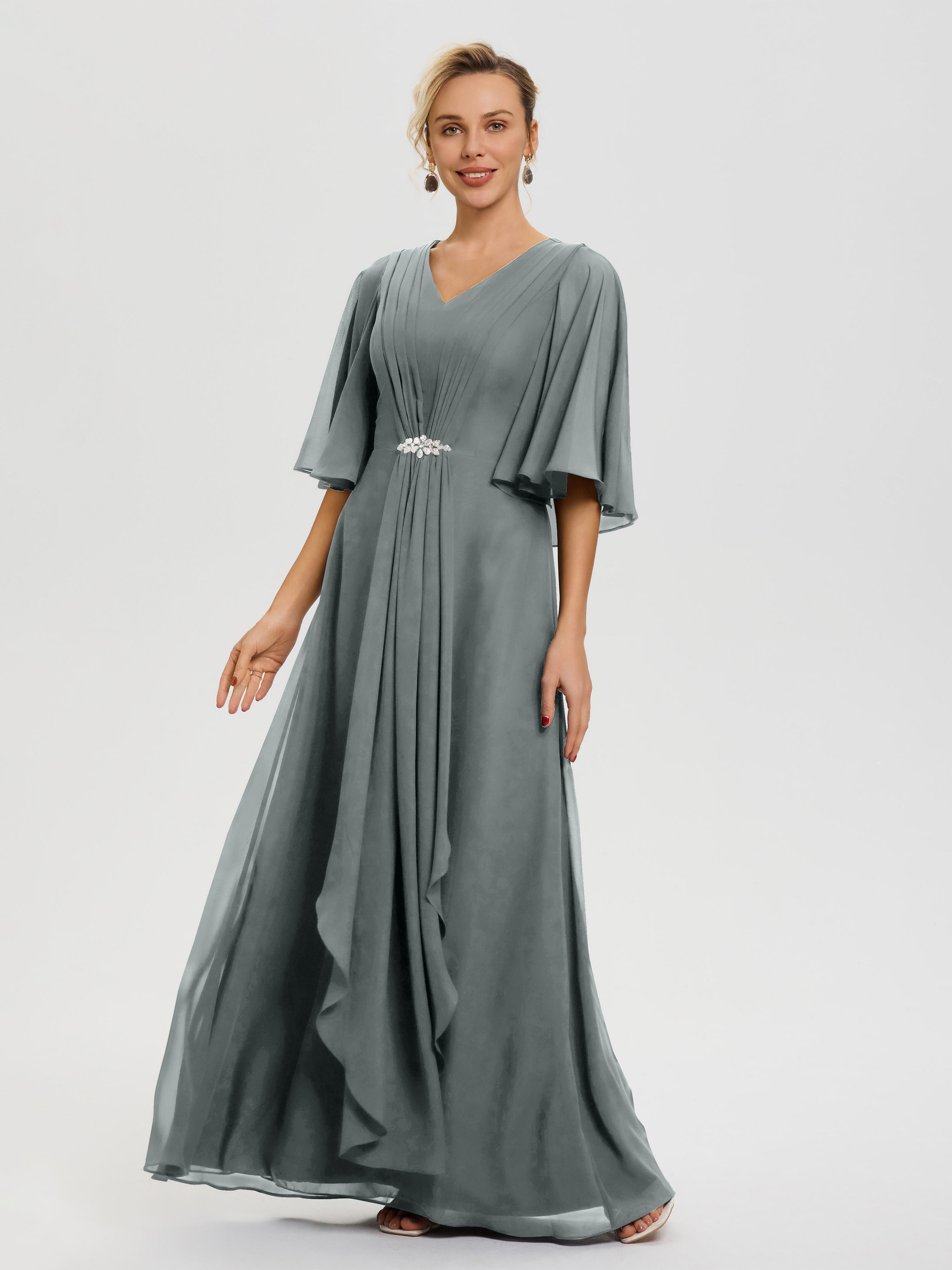 Robe Cérémonie Mariage Mère Du Marié Gris Acier Col V Mousseline Demi Manches Robe De Mère Du Marié