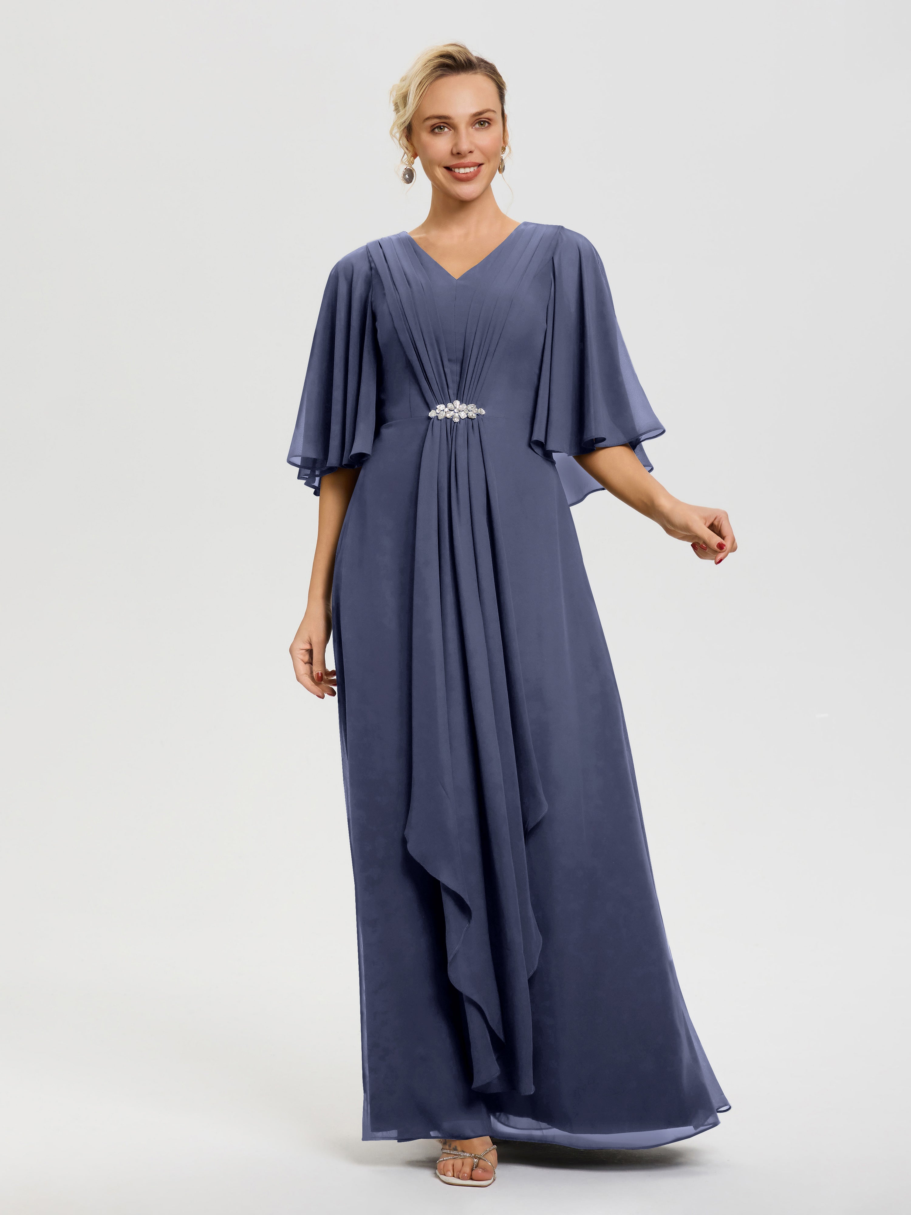 Robe Cérémonie Mariage Mère Du Marié Orageux Col V Mousseline Demi Manches Robe De Mère Du Marié