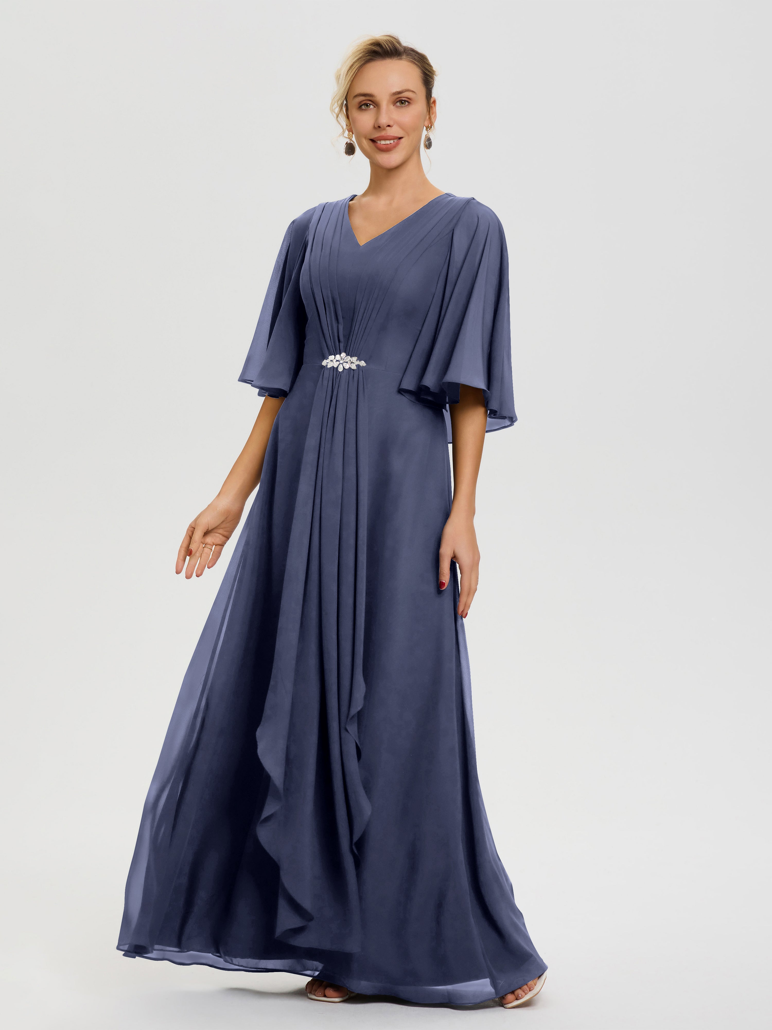 Robe Cérémonie Mariage Mère Du Marié Orageux Col V Mousseline Demi Manches Robe De Mère Du Marié