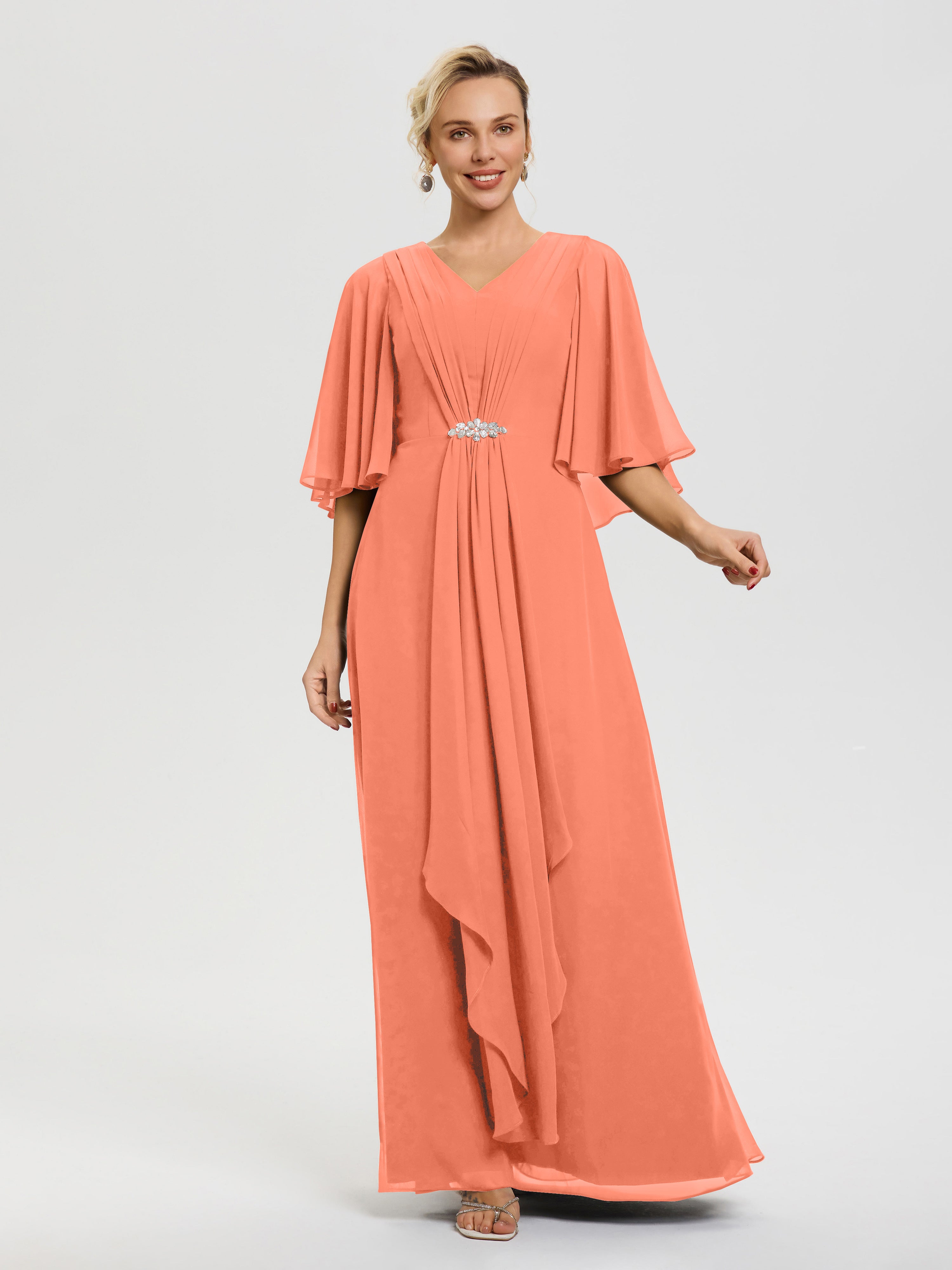 Robe Cérémonie Mariage Mère Du Marié Coucher De Soleil Col V Mousseline Demi Manches Robe De Mère Du Marié