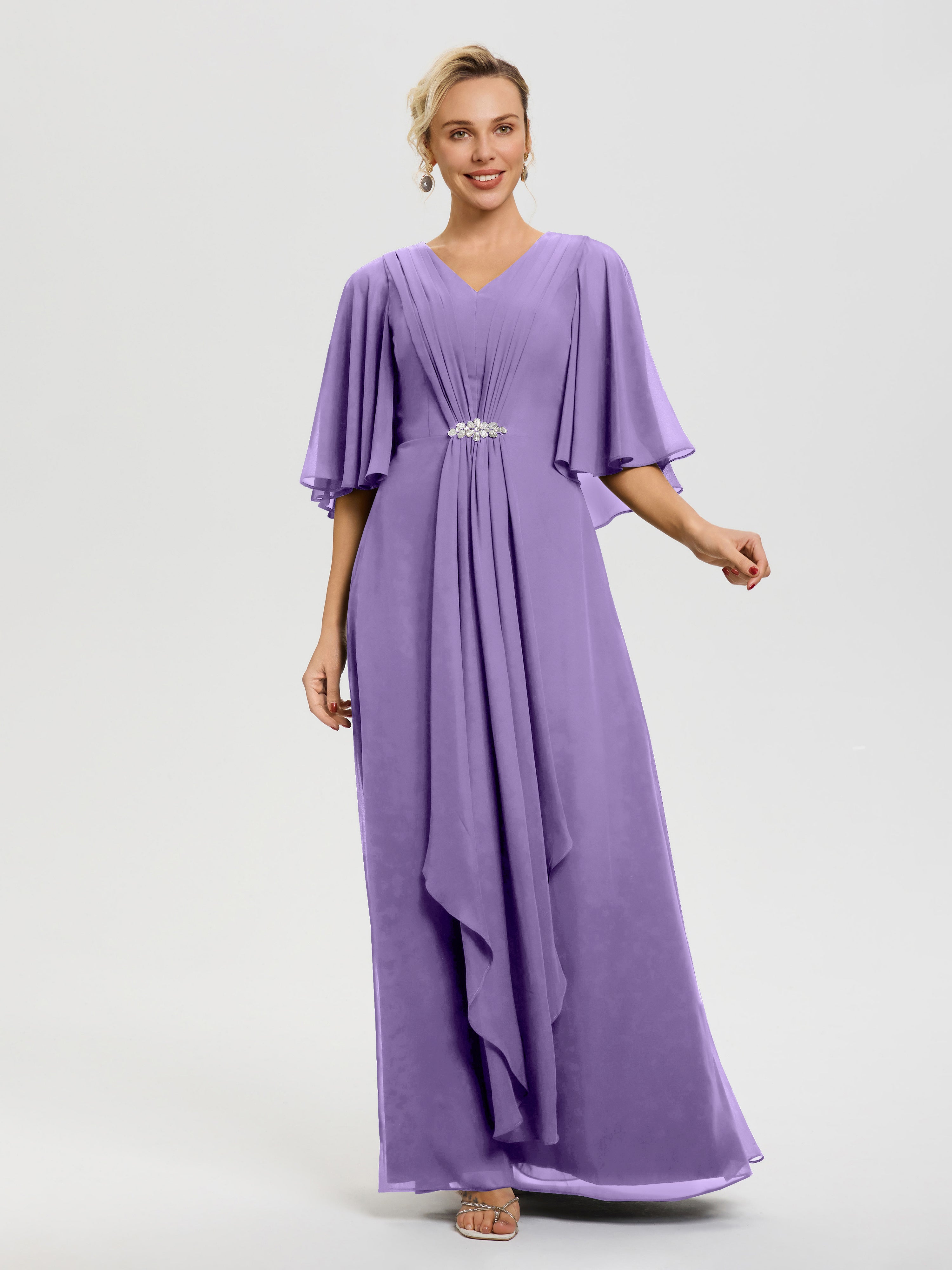 Robe Mère De La Mariée Chic Tahiti Col V Mousseline Demi Manches Robe De Mère Du Marié