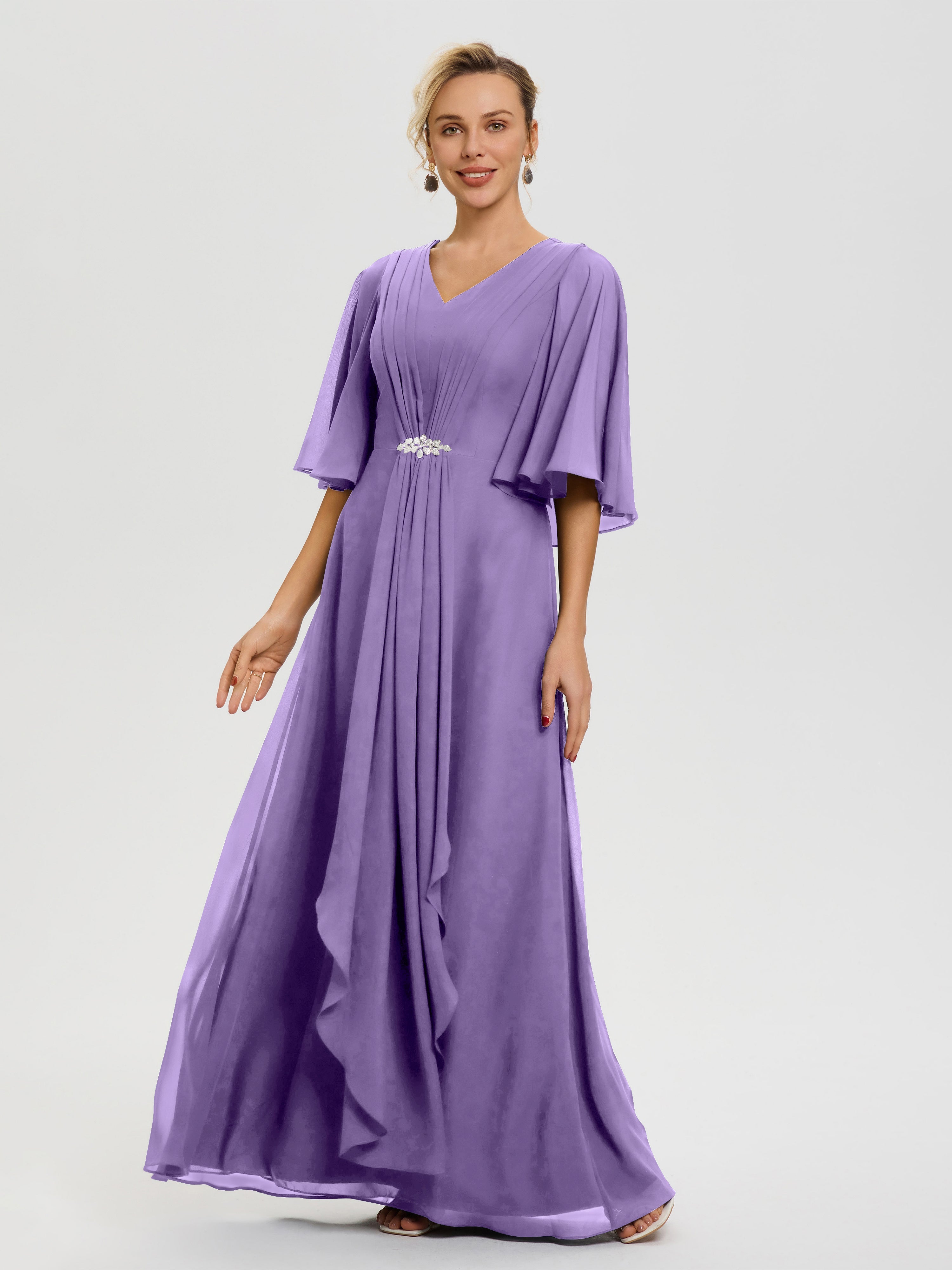 Robe Mère De La Mariée Chic Tahiti Col V Mousseline Demi Manches Robe De Mère Du Marié