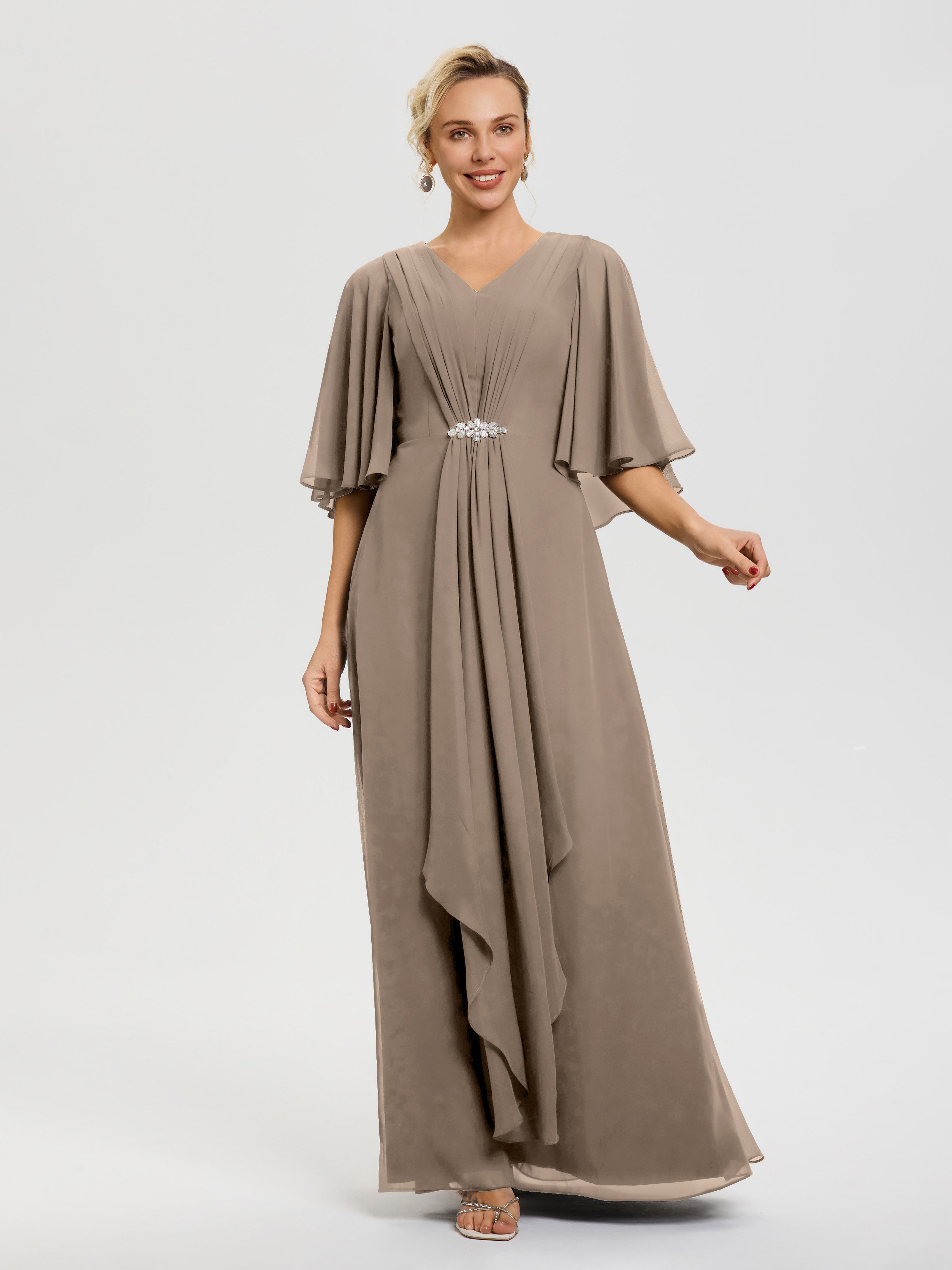 Robe Mère De Marié Taupe Col V Mousseline Demi Manches Robe De Mère Du Marié