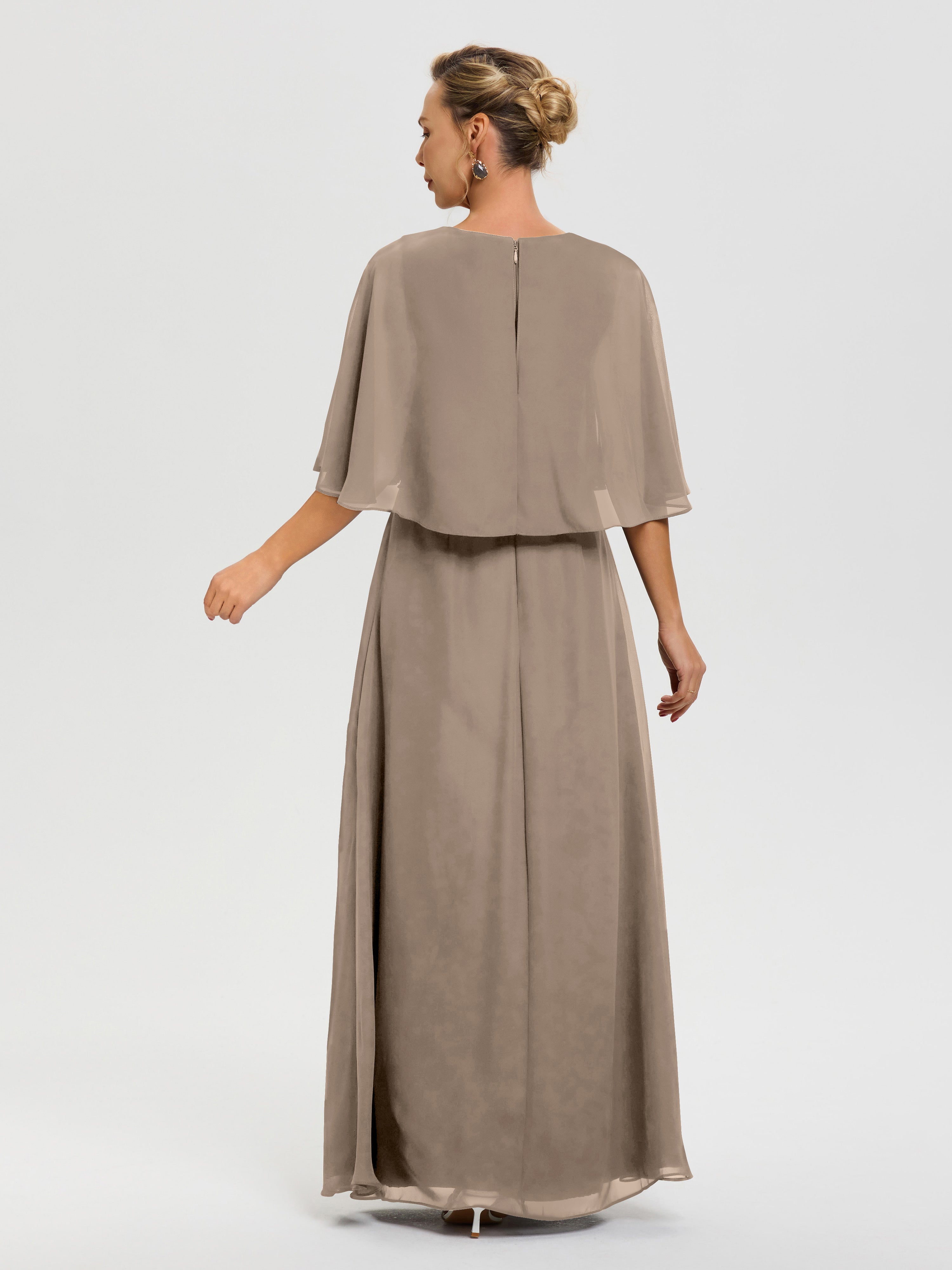 Robe Mère De Marié Taupe Col V Mousseline Demi Manches Robe De Mère Du Marié