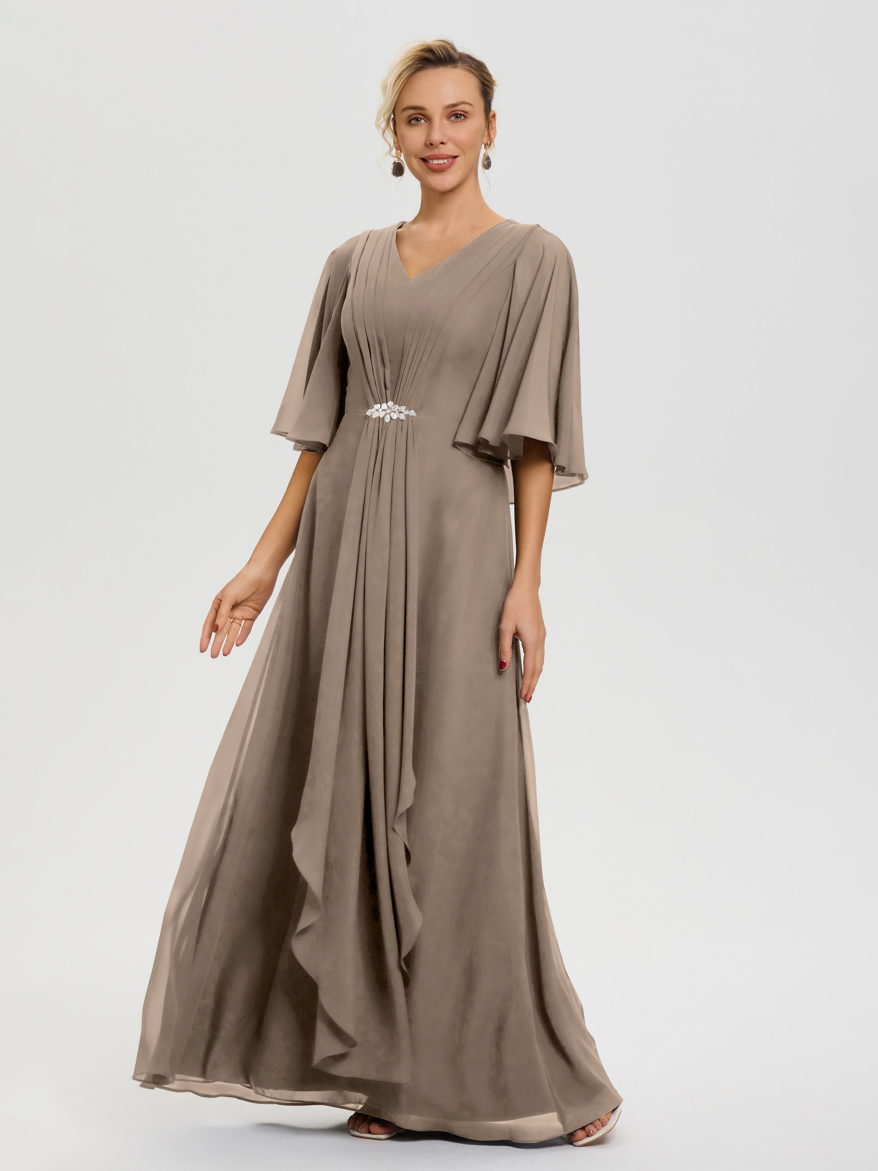 Robe Mère De Marié Taupe Col V Mousseline Demi Manches Robe De Mère Du Marié