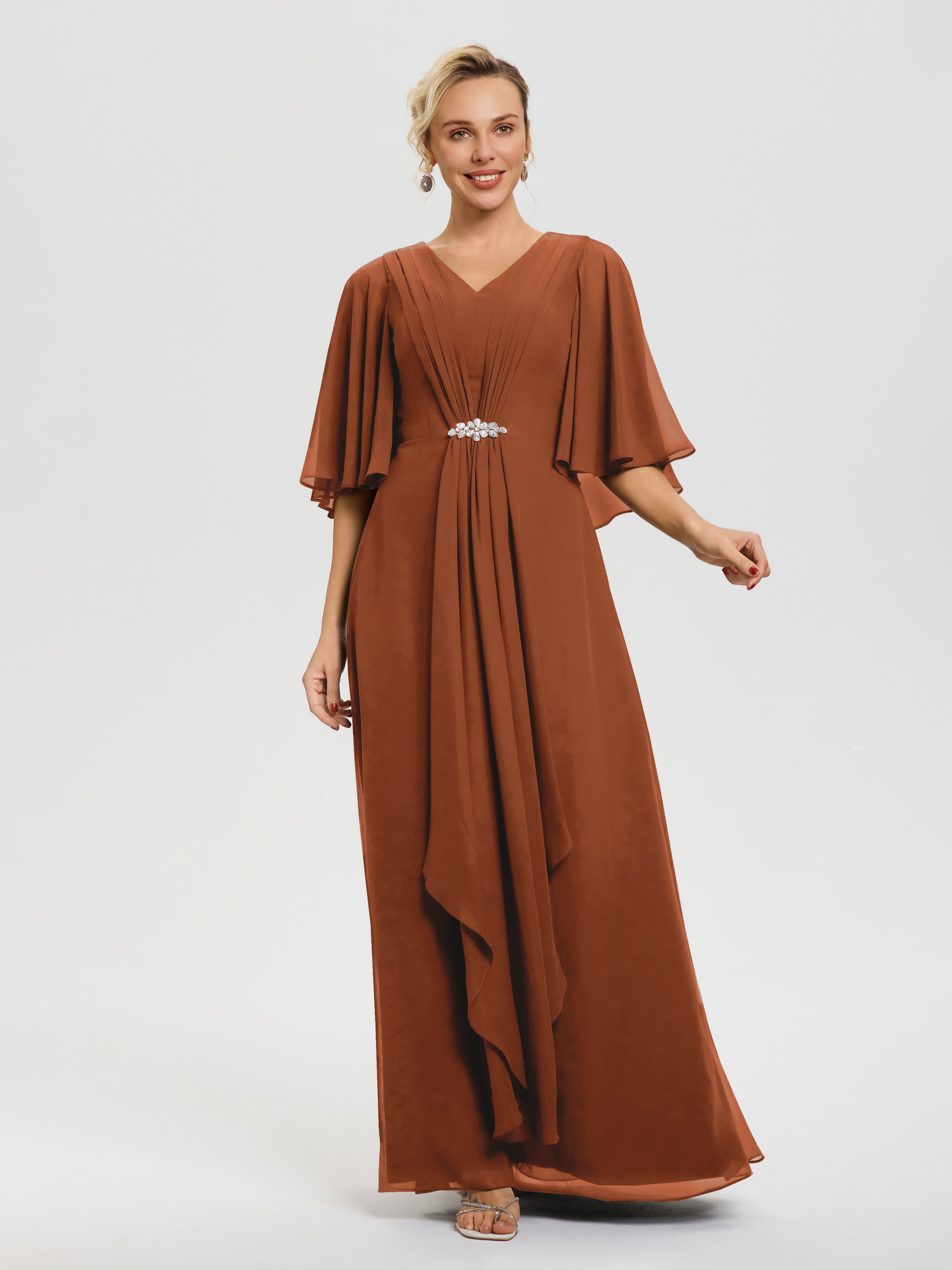 Robe Mere De La Mariee Terracotta Col V Mousseline Demi Manches Robe De Mère Du Marié