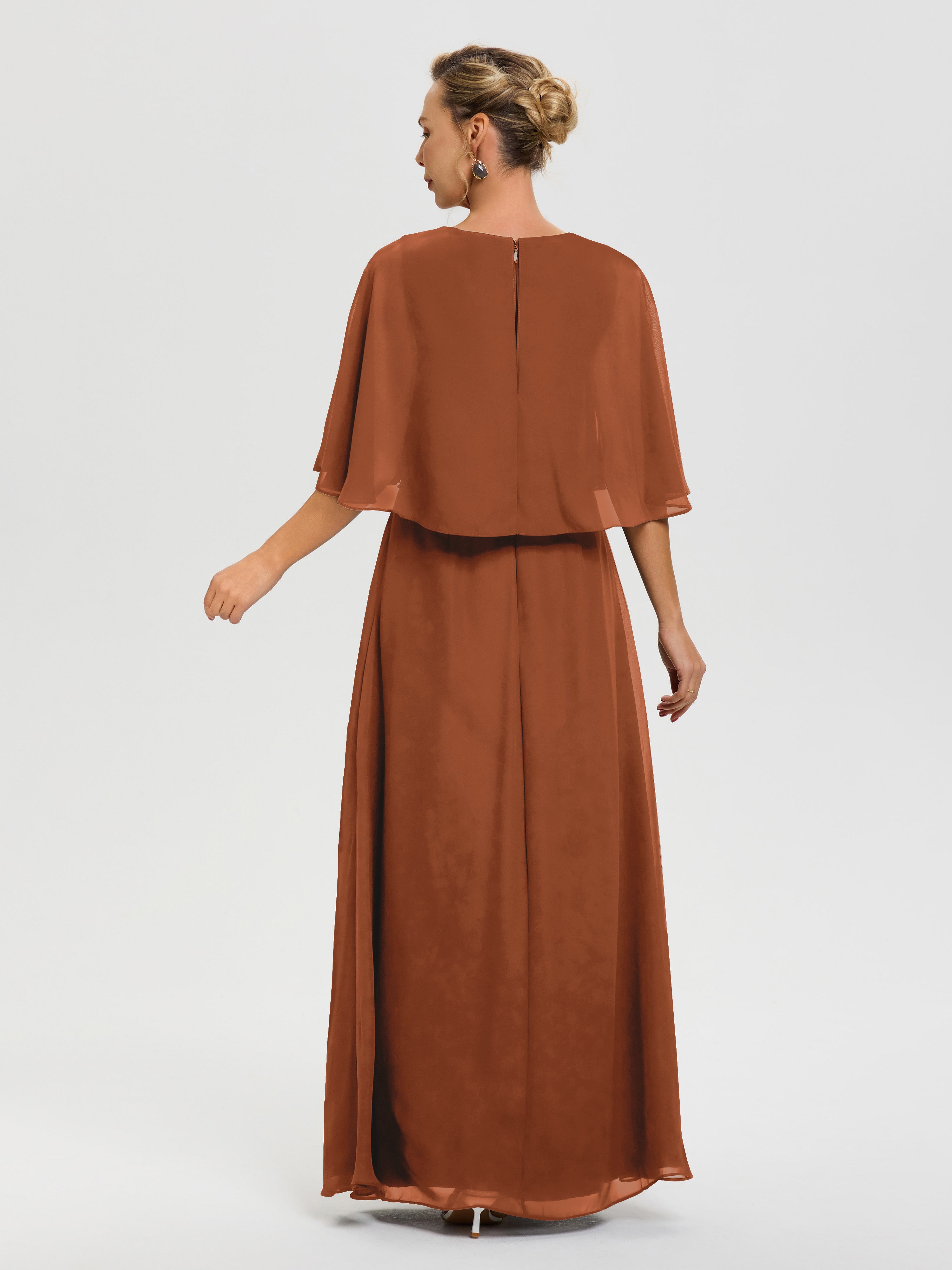 Robe Mere De La Mariee Terracotta Col V Mousseline Demi Manches Robe De Mère Du Marié