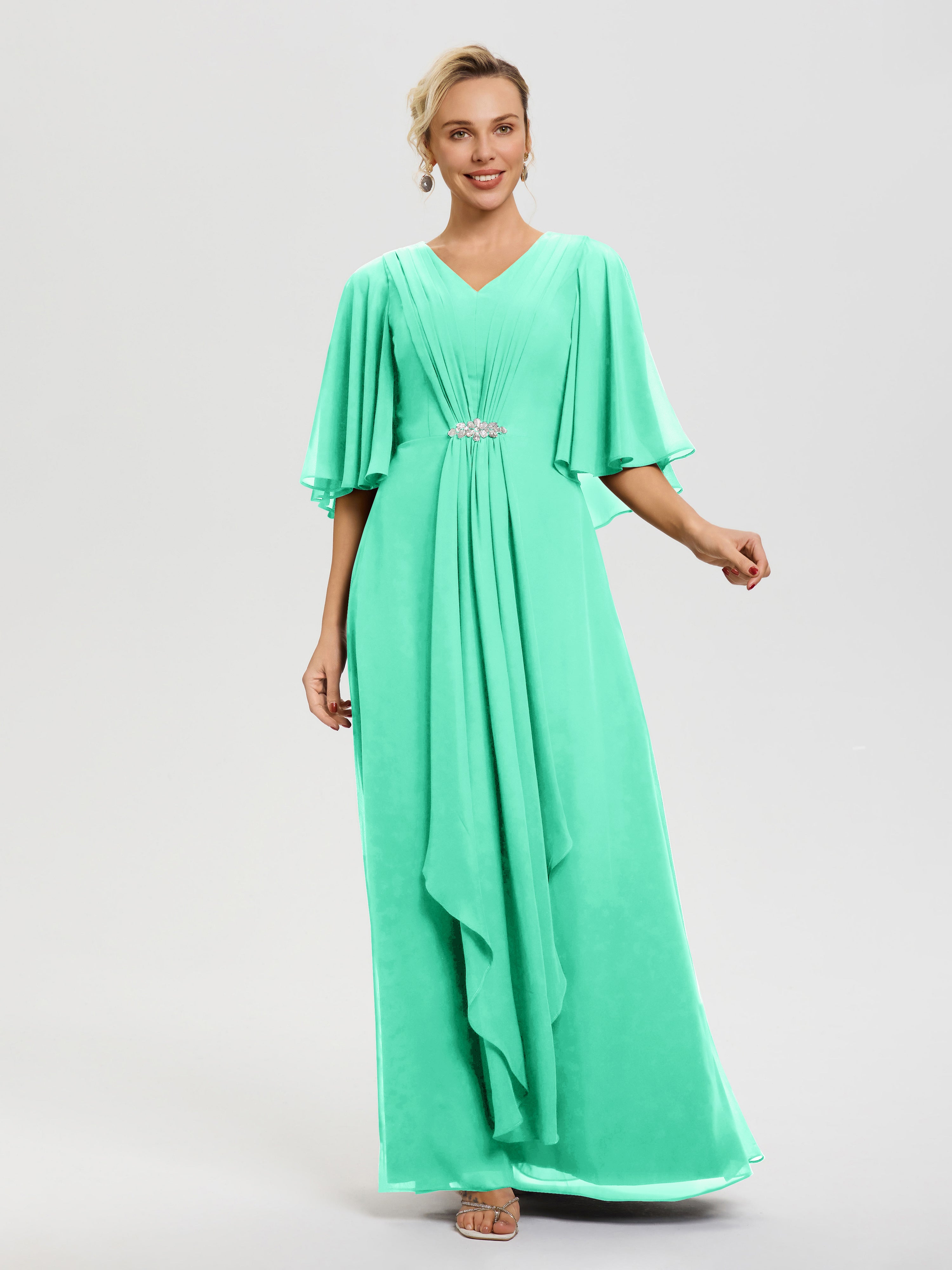 Robe Mère De La Mariée Chic Turquoise Col V Mousseline Demi Manches Robe De Mère Du Marié