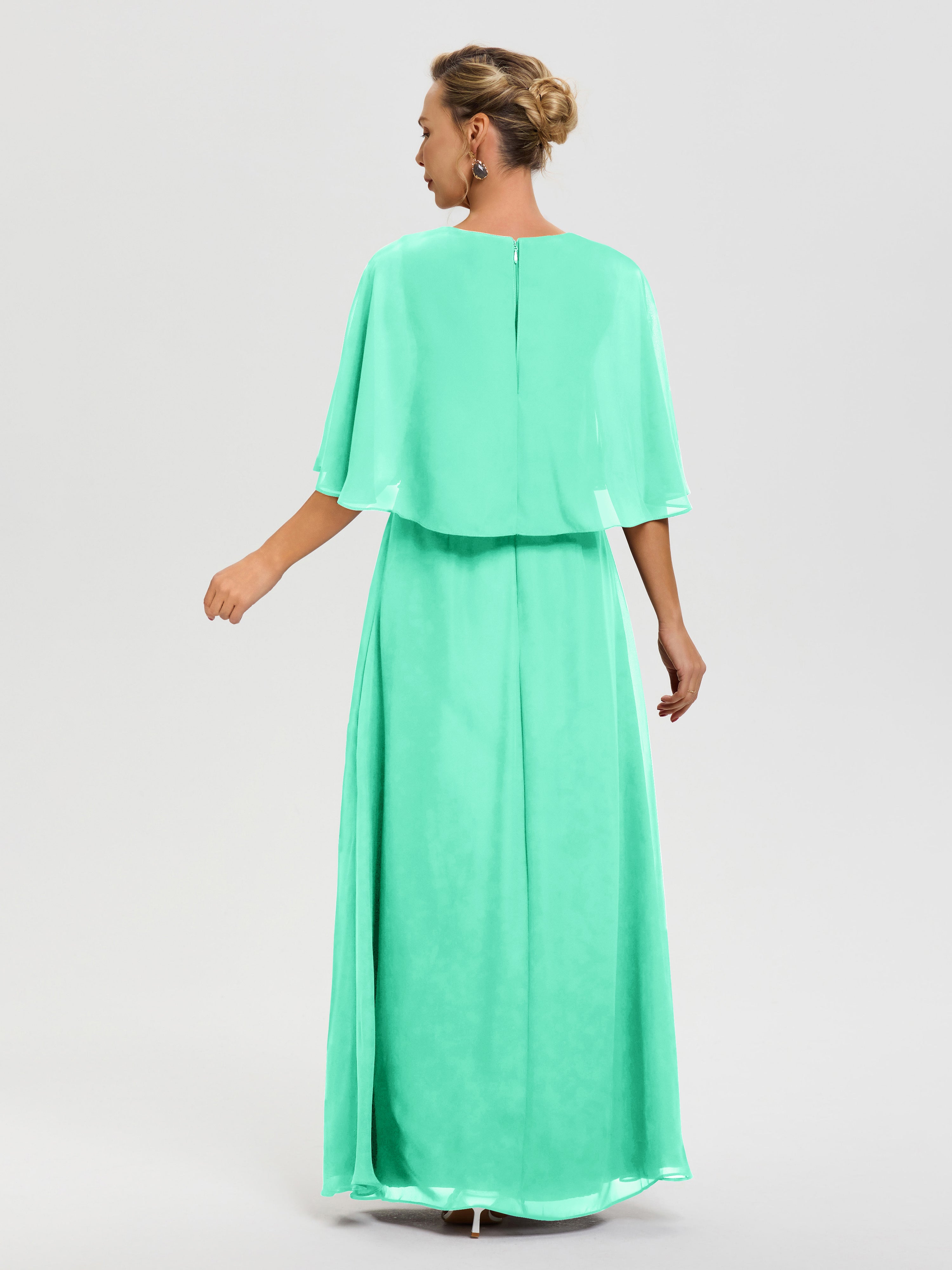 Robe Mère De La Mariée Chic Turquoise Col V Mousseline Demi Manches Robe De Mère Du Marié