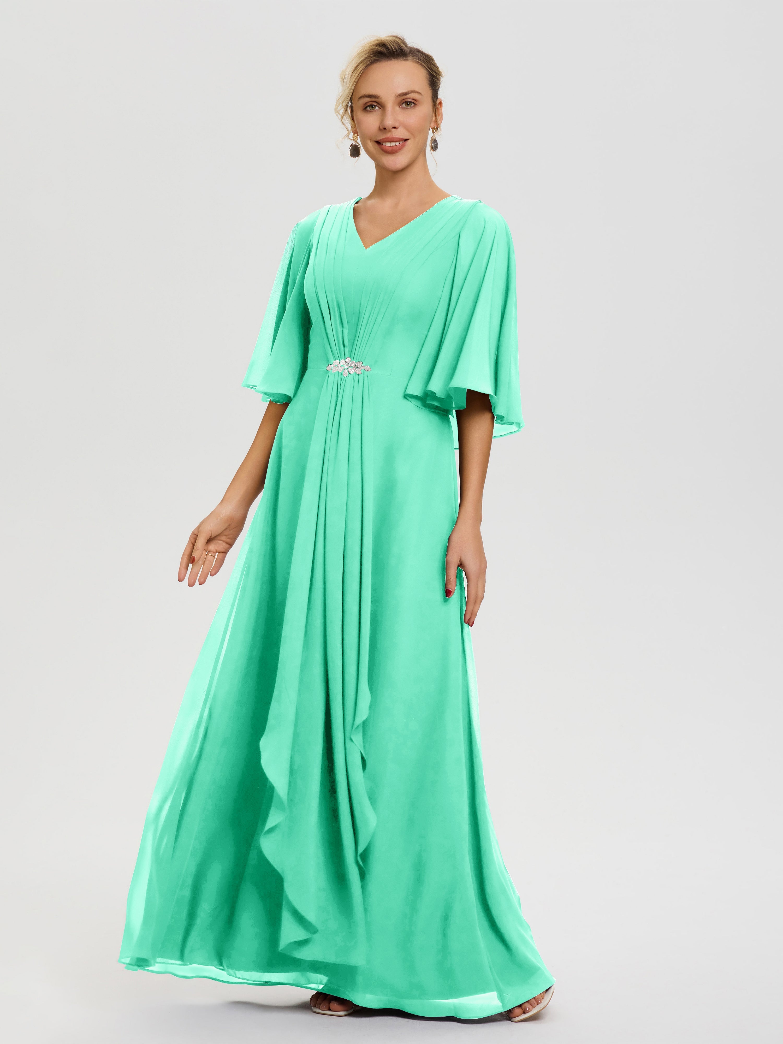 Robe Mère De La Mariée Chic Turquoise Col V Mousseline Demi Manches Robe De Mère Du Marié