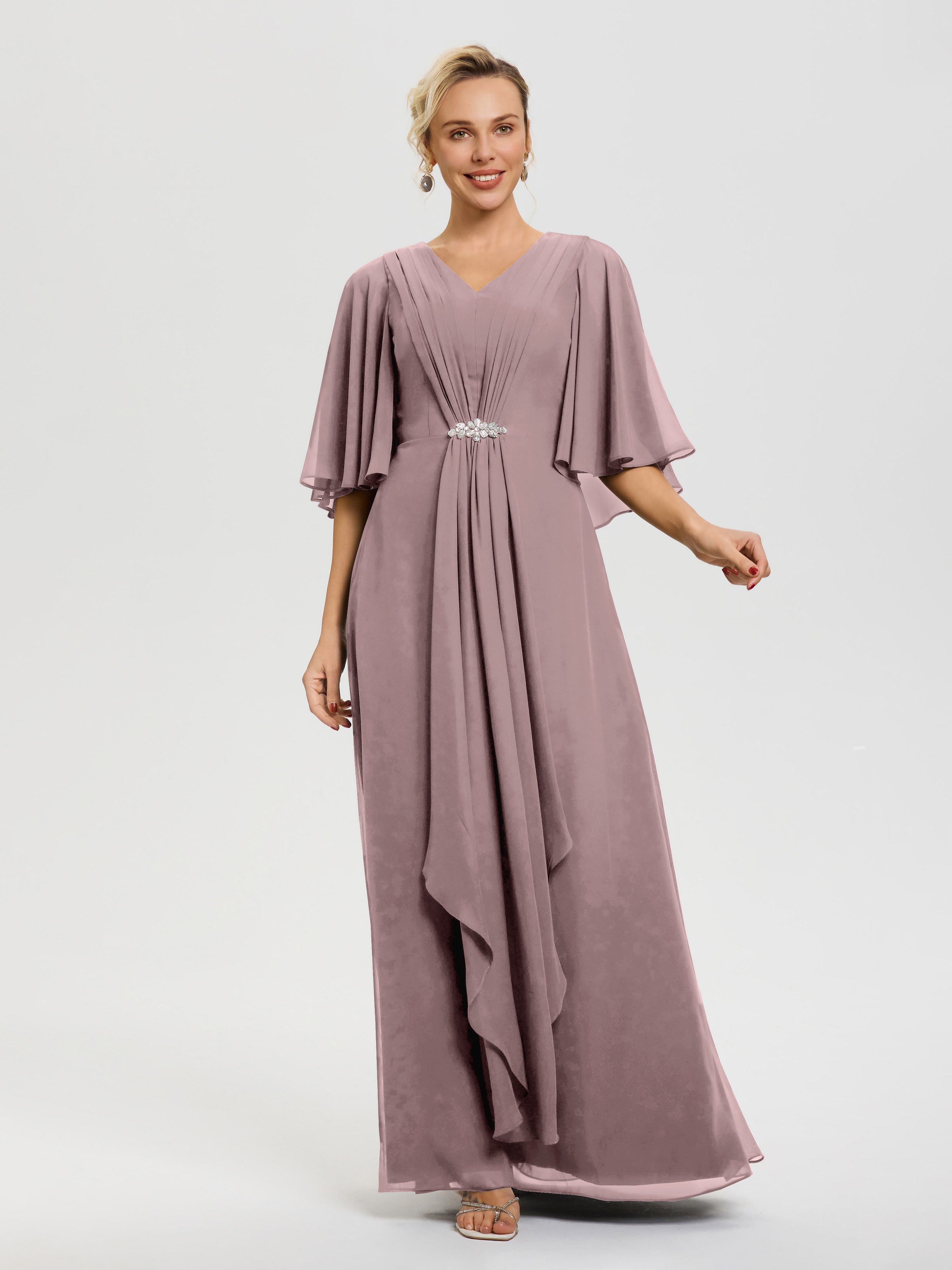 Robe Mère De La Mariée Chic Vintage Mauve Col V Mousseline Demi Manches Robe De Mère Du Marié